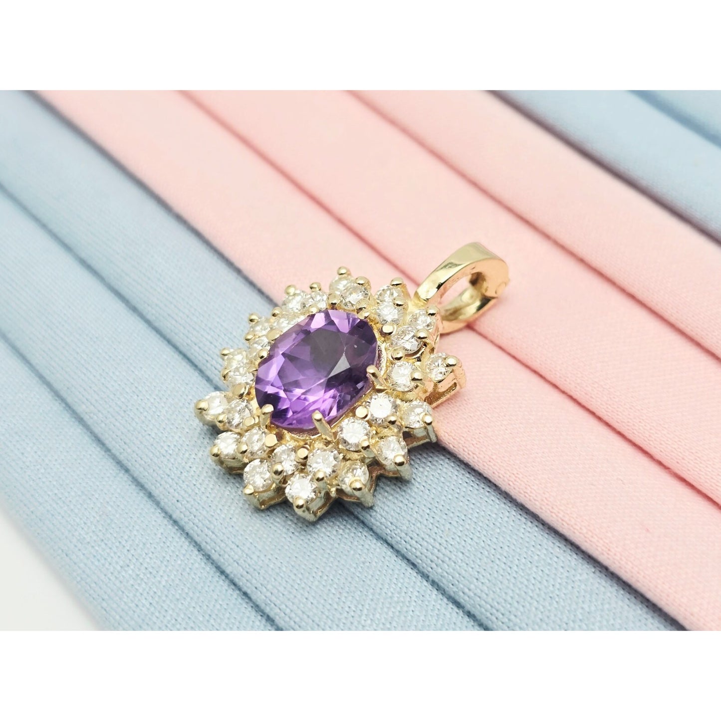 14K Yellow Gold Flower Halo Amethyst & Diamond Drop Charm Pendant