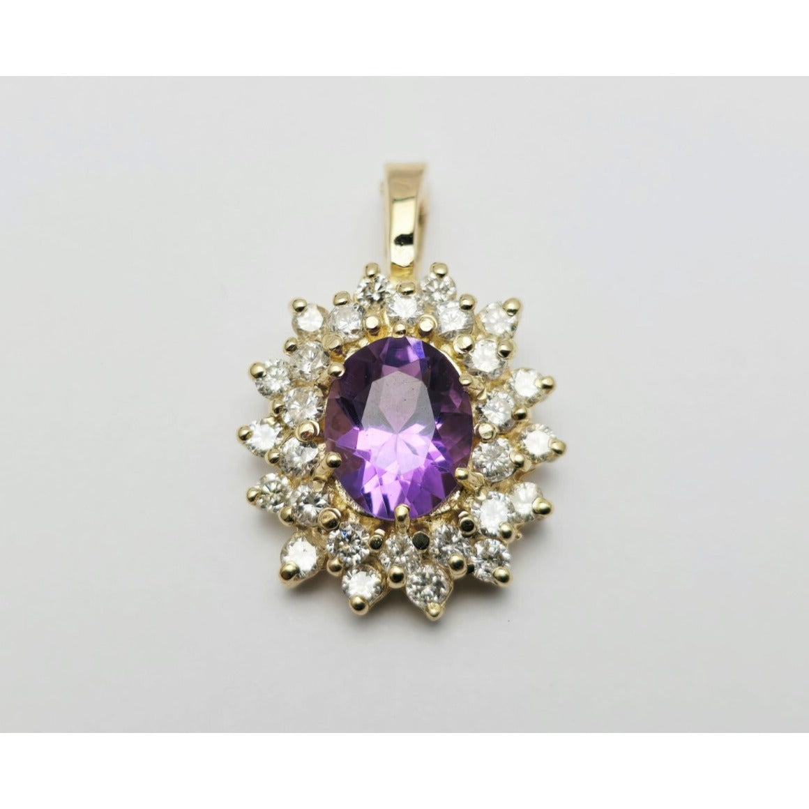 14K Yellow Gold Flower Halo Amethyst & Diamond Drop Charm Pendant