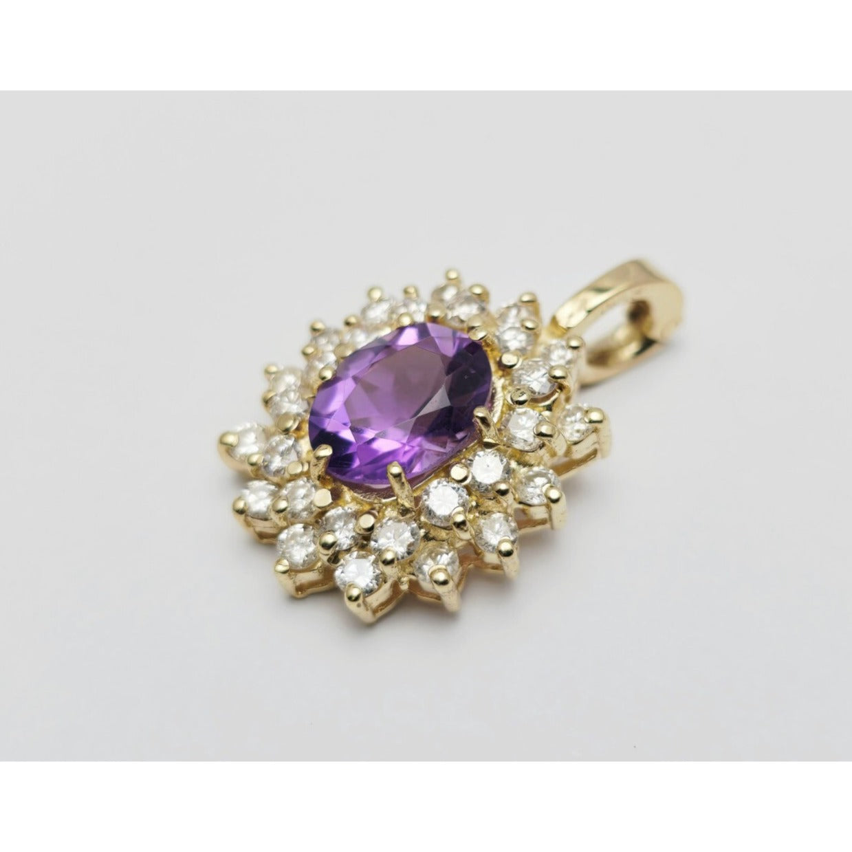 14K Yellow Gold Flower Halo Amethyst & Diamond Drop Charm Pendant