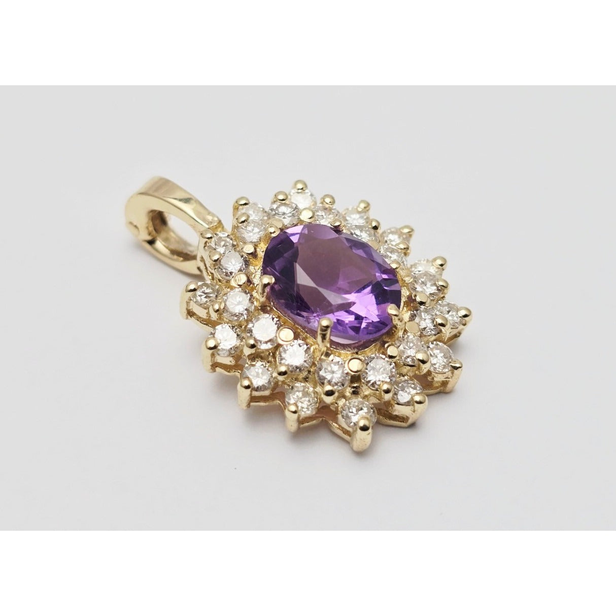 14K Yellow Gold Flower Halo Amethyst & Diamond Drop Charm Pendant