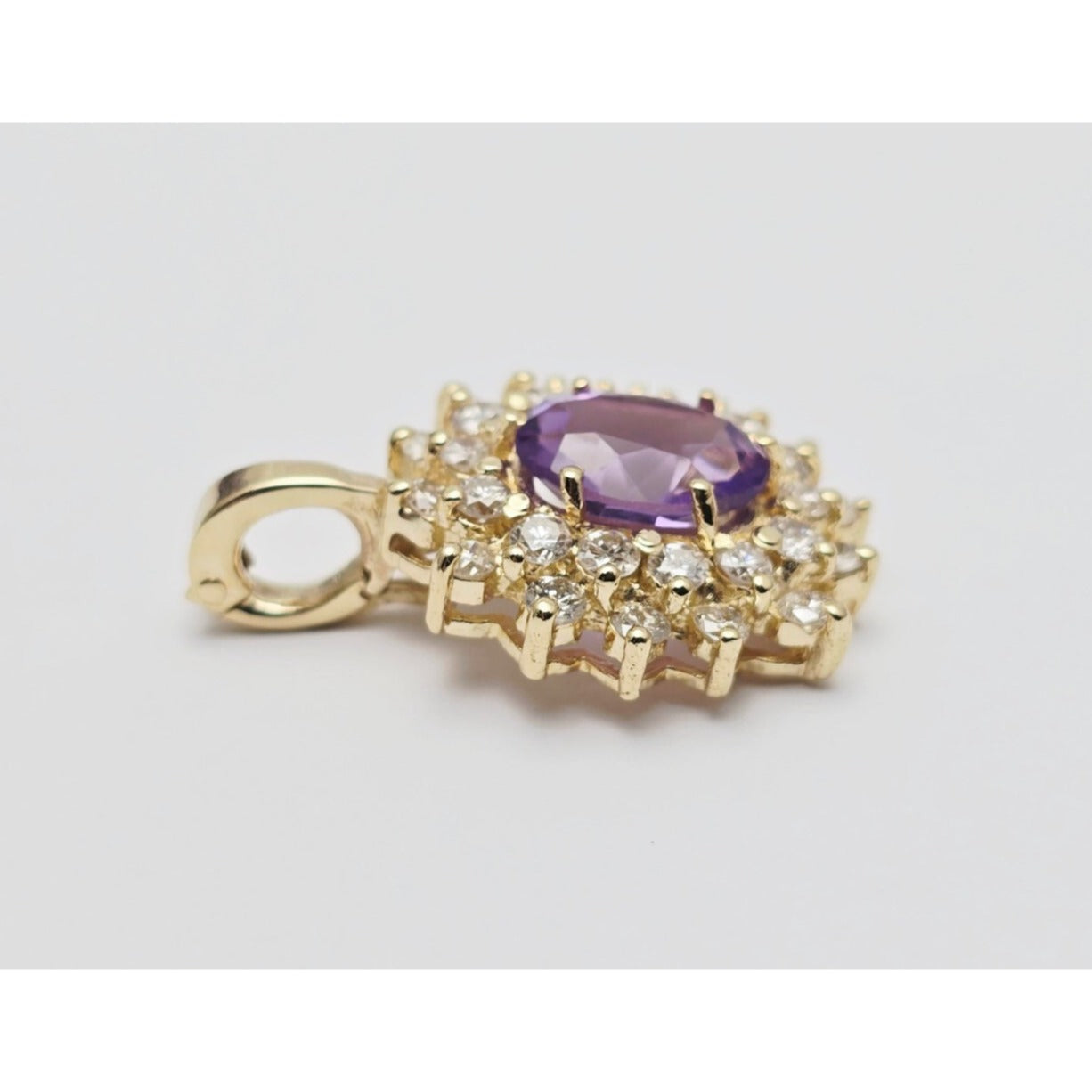 14K Yellow Gold Flower Halo Amethyst & Diamond Drop Charm Pendant