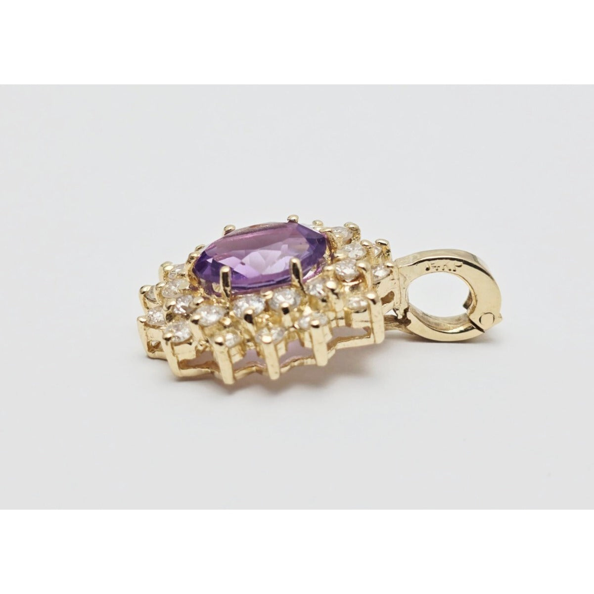 14K Yellow Gold Flower Halo Amethyst & Diamond Drop Charm Pendant