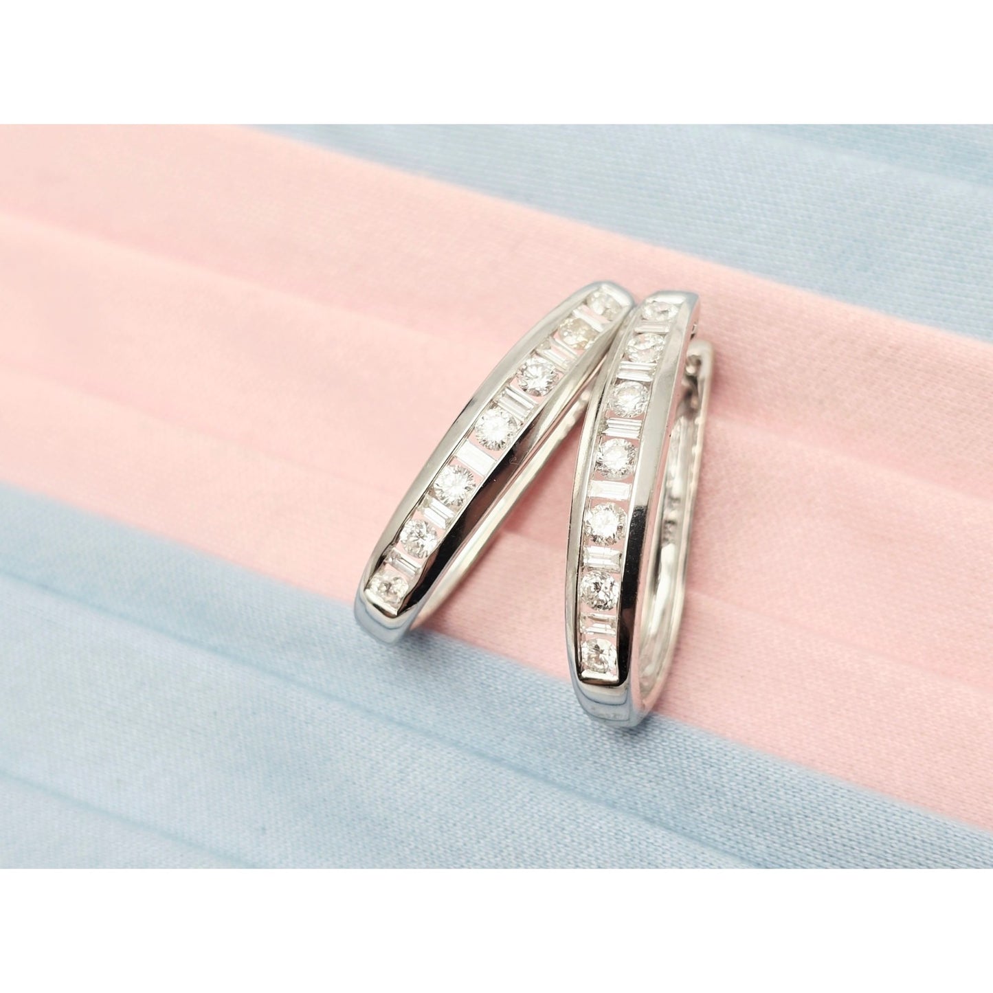 14K White Gold Round & Baguette Diamond Hinged Oval Hoop Earrings