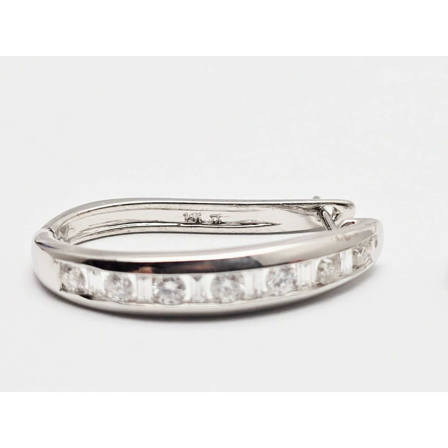 14K White Gold Round & Baguette Diamond Hinged Oval Hoop Earrings
