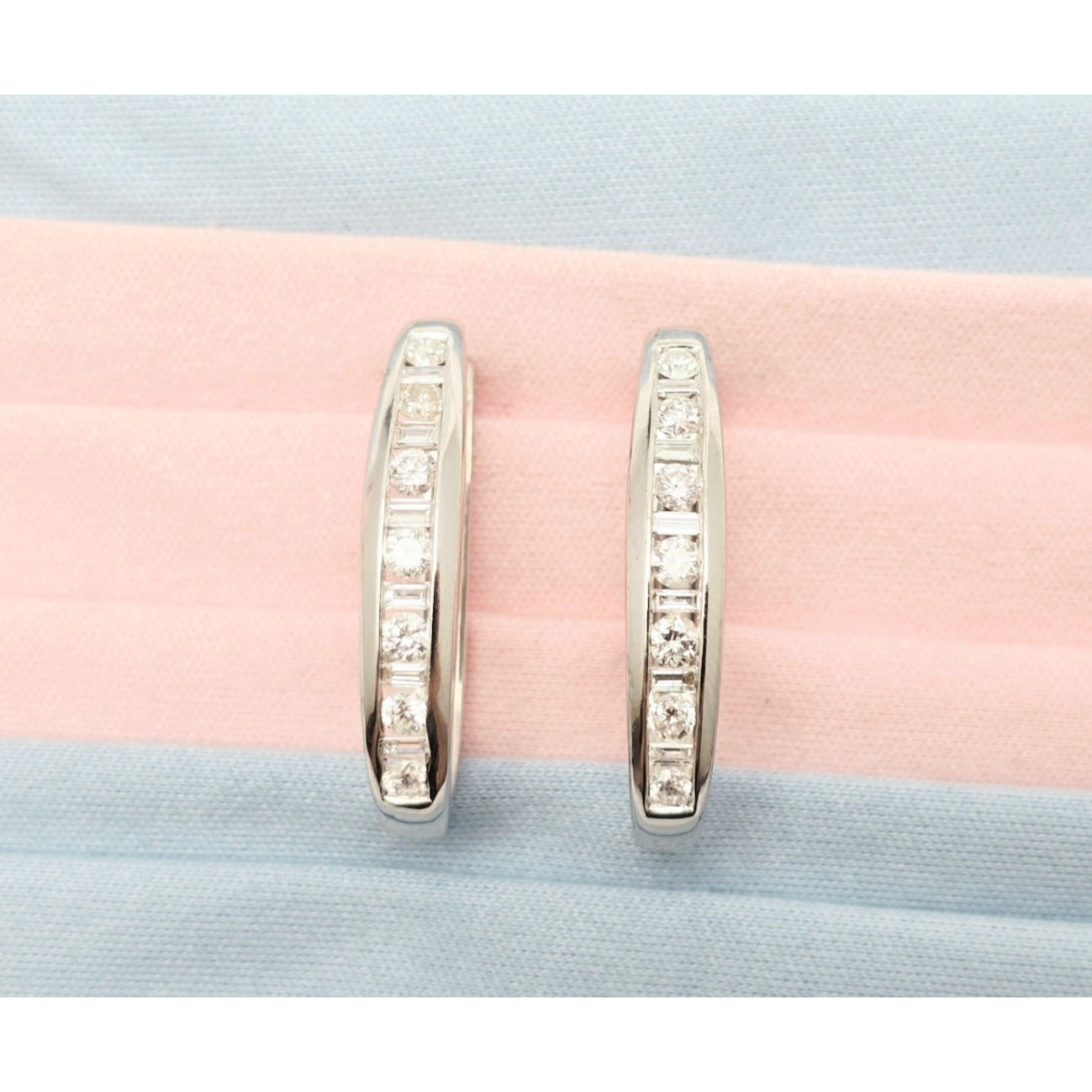 14K White Gold Round & Baguette Diamond Hinged Oval Hoop Earrings