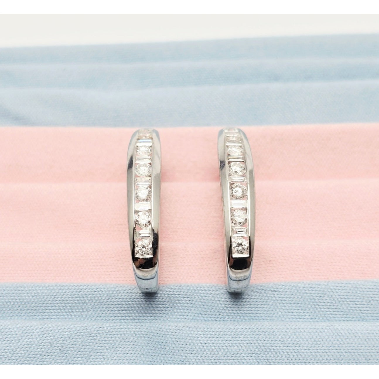 14K White Gold Round & Baguette Diamond Hinged Oval Hoop Earrings