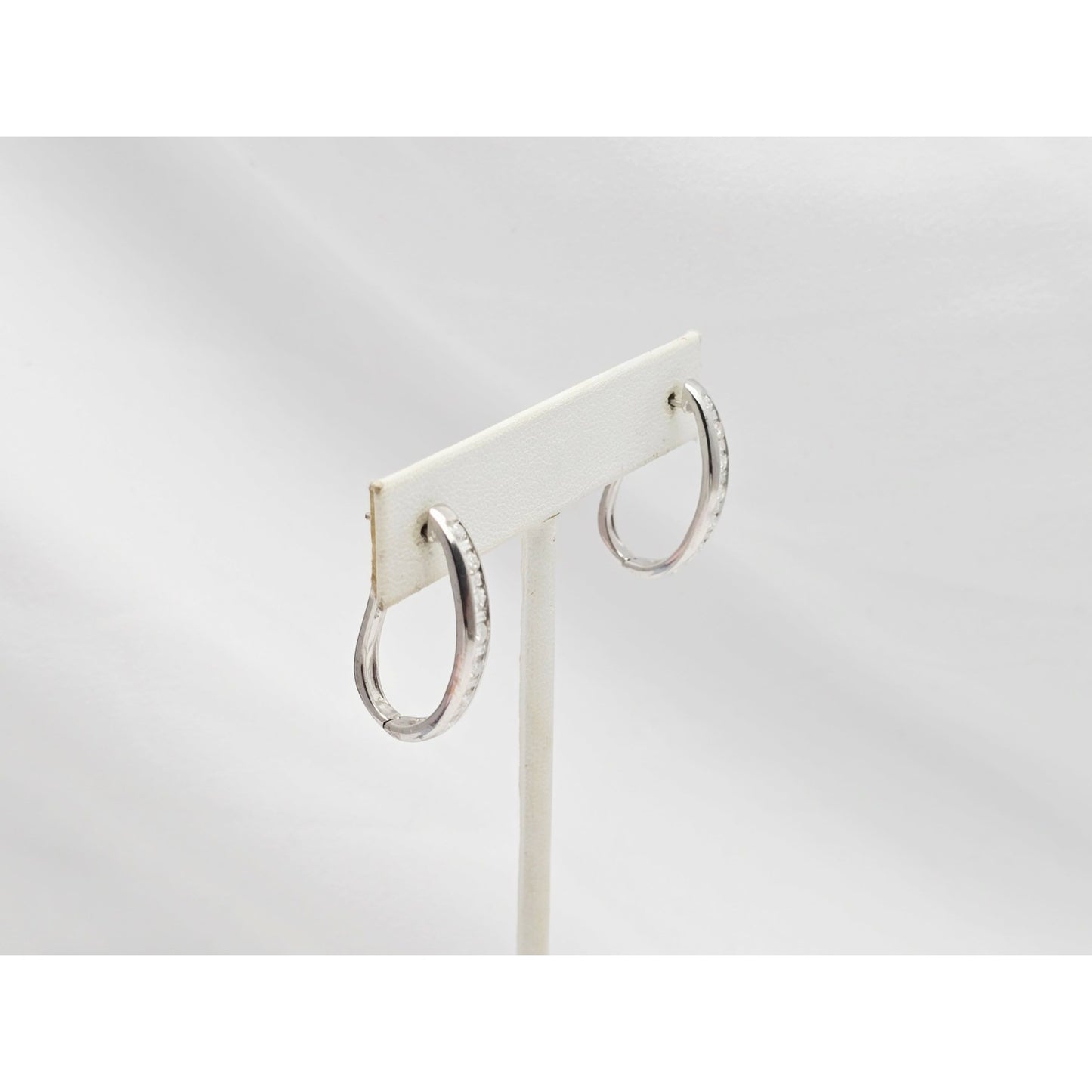 14K White Gold Round & Baguette Diamond Hinged Oval Hoop Earrings