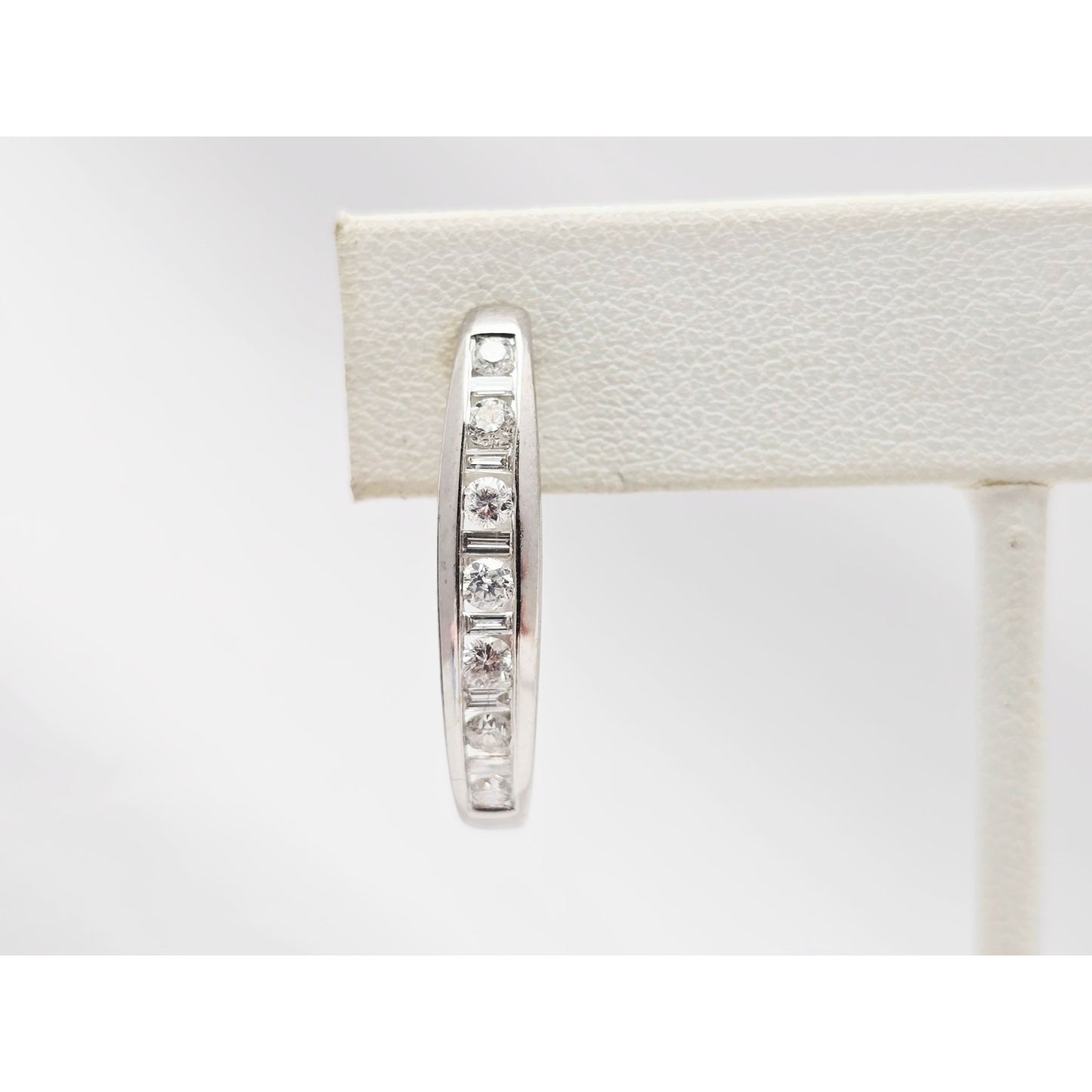 14K White Gold Round & Baguette Diamond Hinged Oval Hoop Earrings