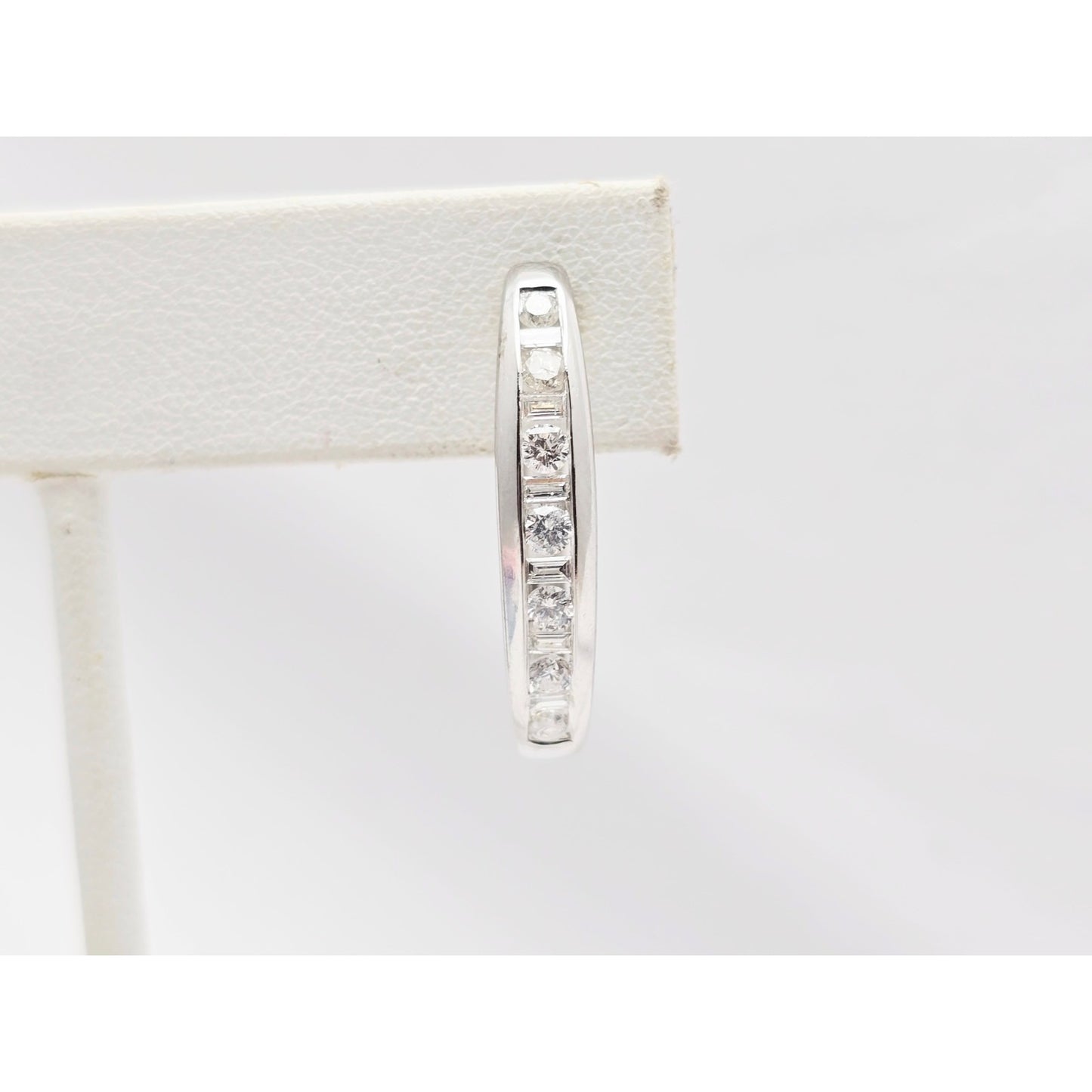 14K White Gold Round & Baguette Diamond Hinged Oval Hoop Earrings