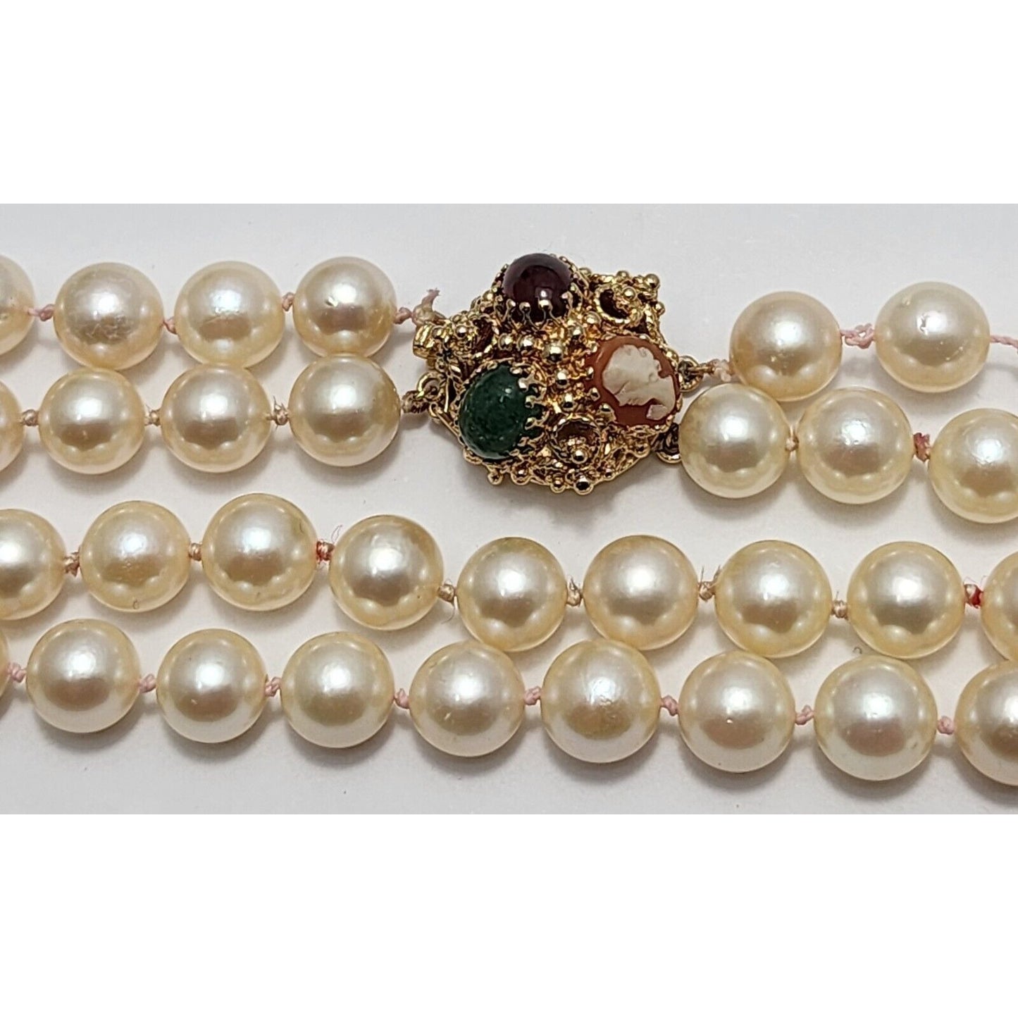14K Yellow Gold Double Row Pearl, Garnet, Cameo & Jade Chain Necklace