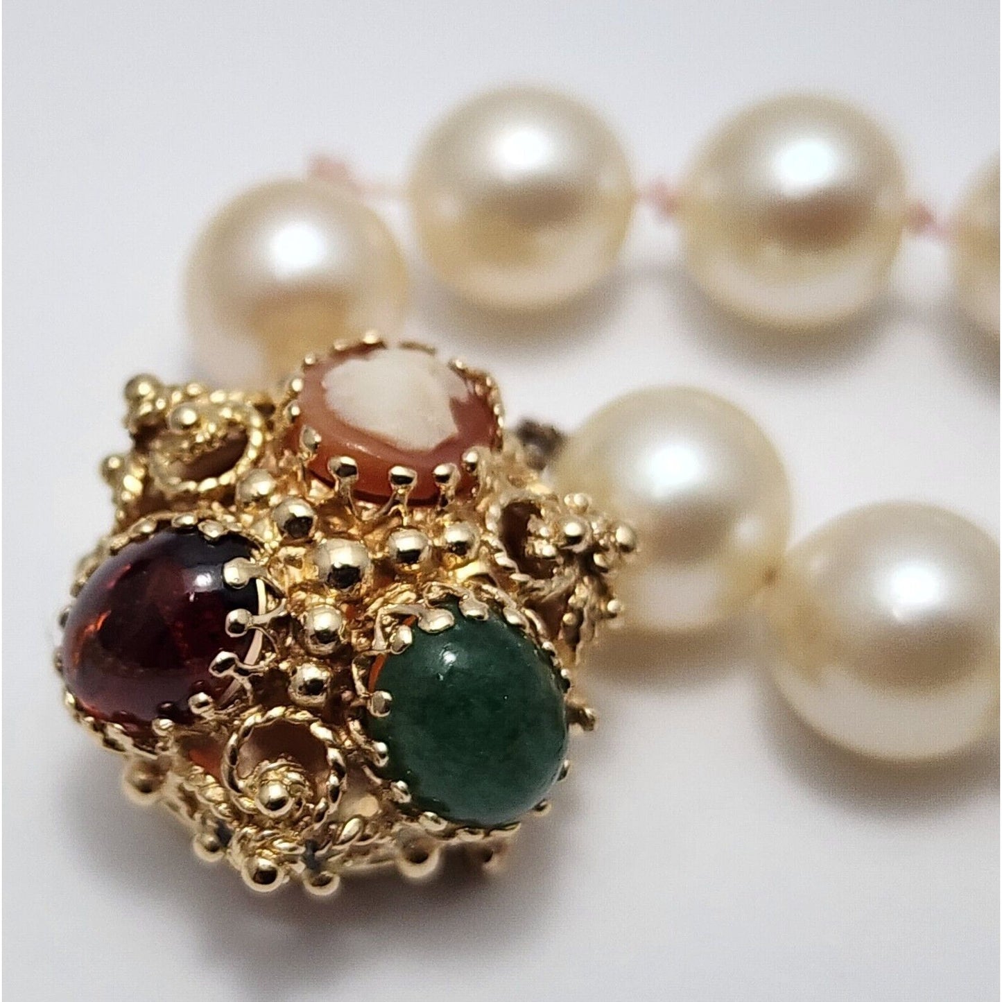 14K Yellow Gold Double Row Pearl, Garnet, Cameo & Jade Chain Necklace