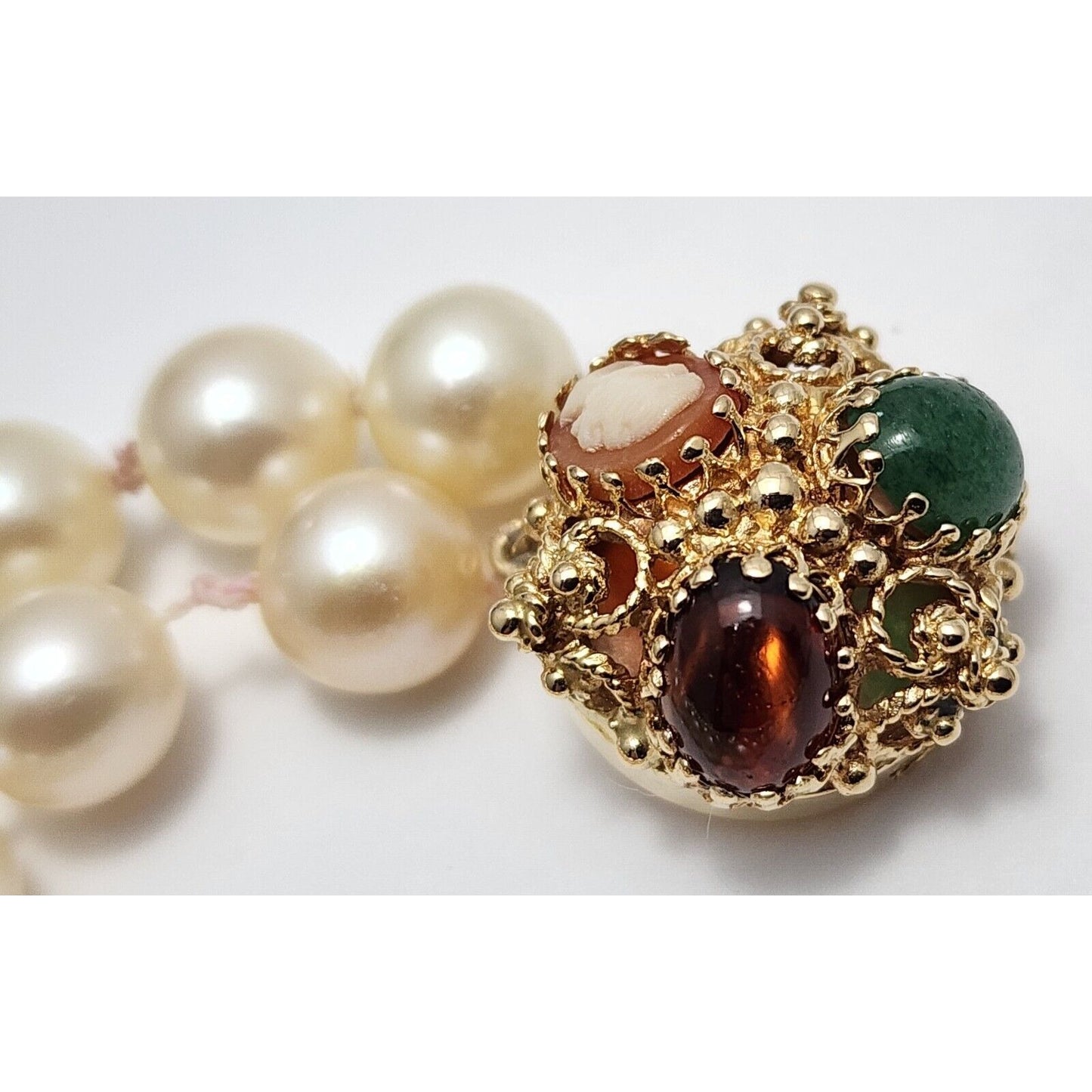 14K Yellow Gold Double Row Pearl, Garnet, Cameo & Jade Chain Necklace