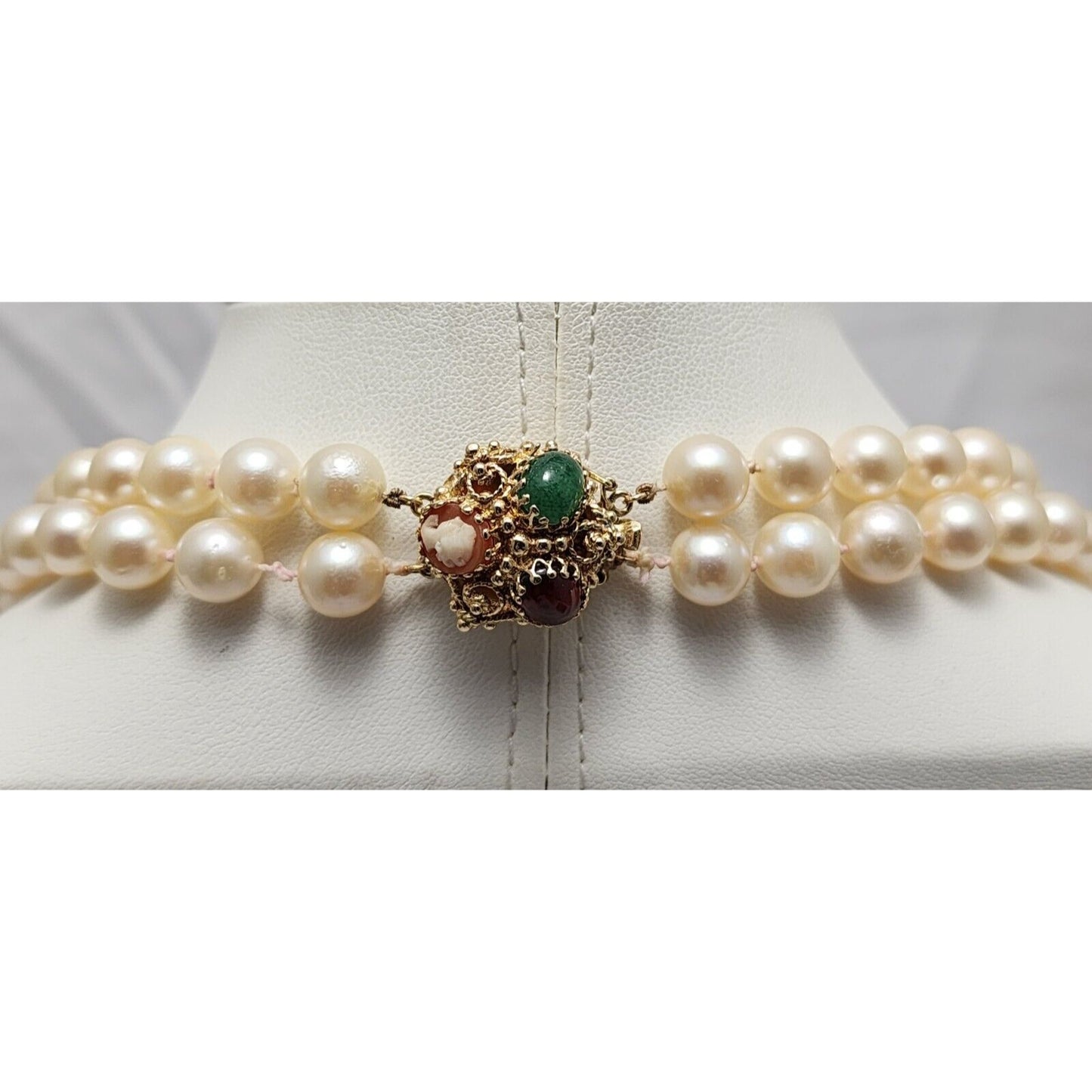14K Yellow Gold Double Row Pearl, Garnet, Cameo & Jade Chain Necklace