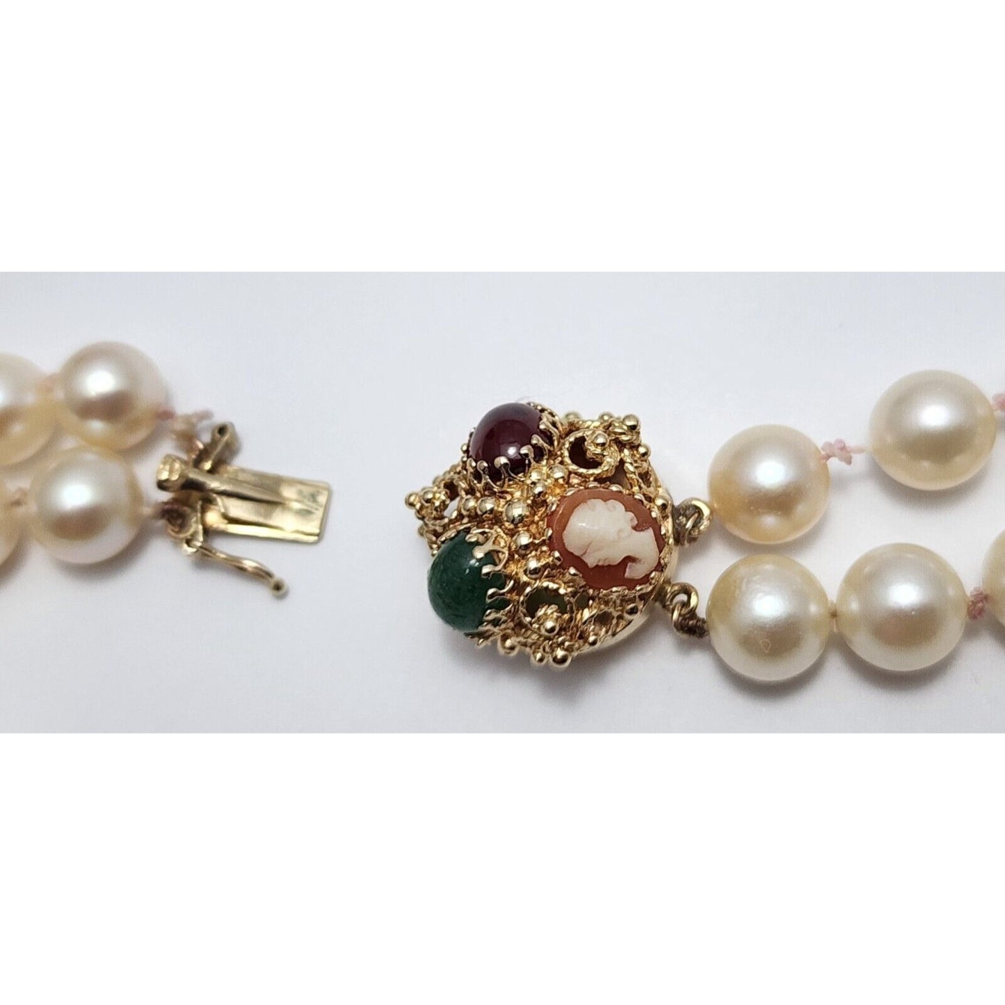 14K Yellow Gold Double Row Pearl, Garnet, Cameo & Jade Chain Necklace