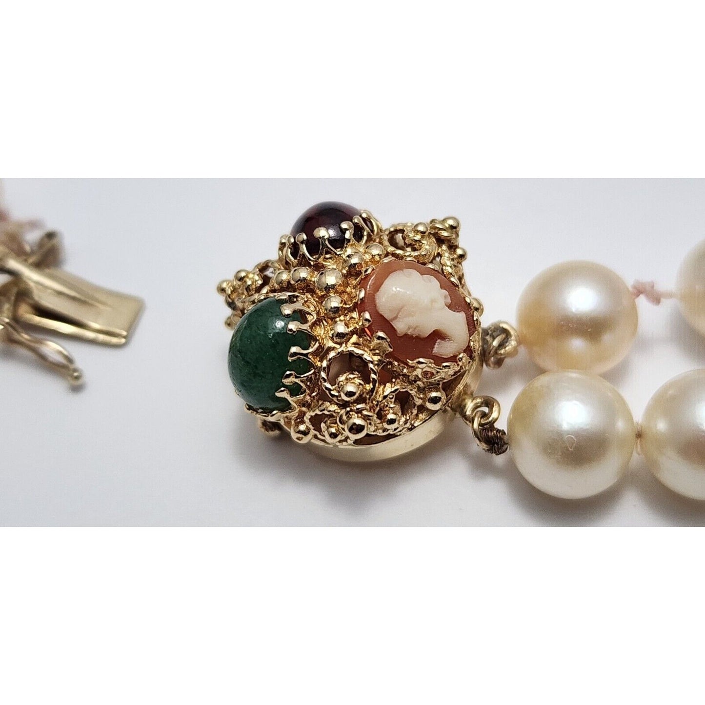 14K Yellow Gold Double Row Pearl, Garnet, Cameo & Jade Chain Necklace