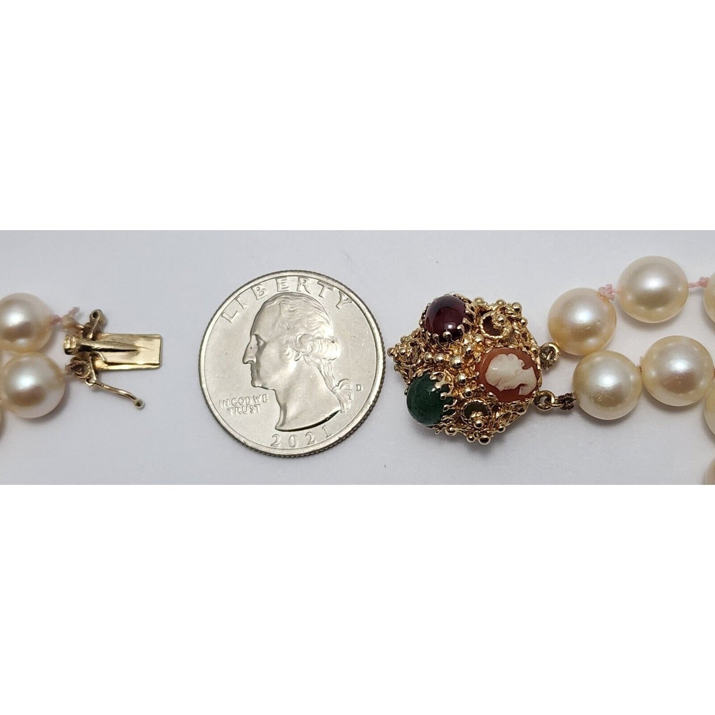 14K Yellow Gold Double Row Pearl, Garnet, Cameo & Jade Chain Necklace