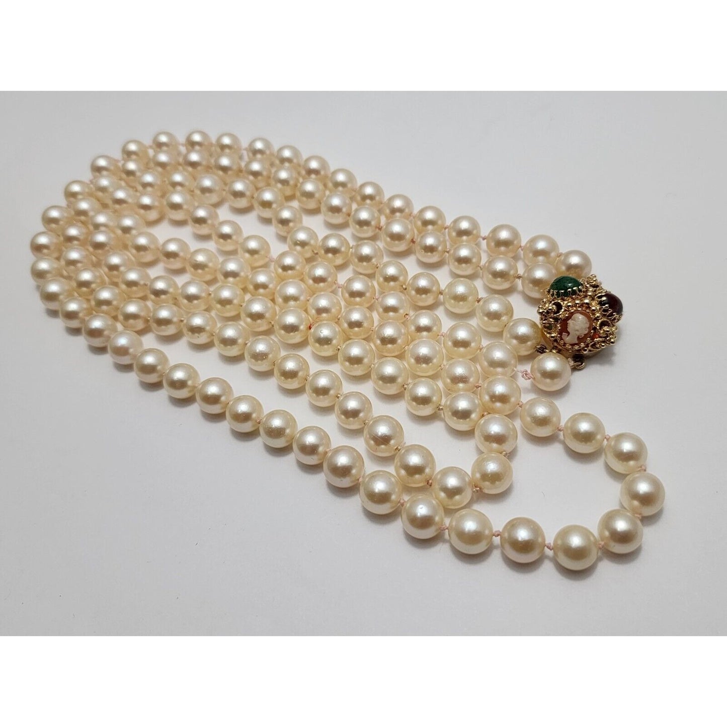 14K Yellow Gold Double Row Pearl, Garnet, Cameo & Jade Chain Necklace