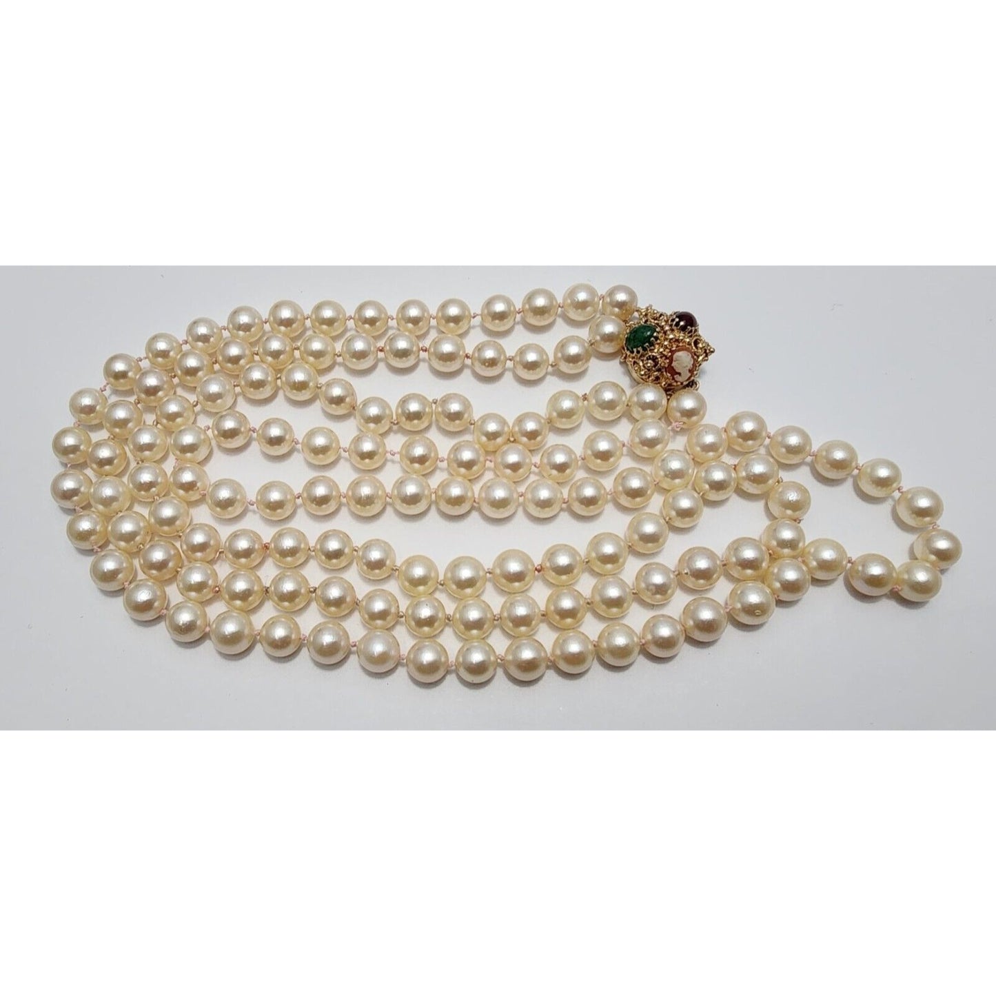 14K Yellow Gold Double Row Pearl, Garnet, Cameo & Jade Chain Necklace