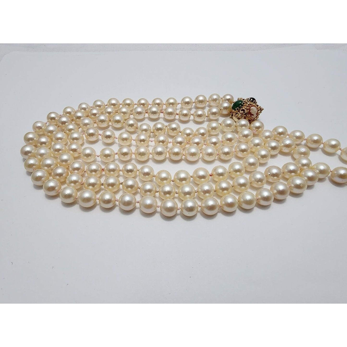 14K Yellow Gold Double Row Pearl, Garnet, Cameo & Jade Chain Necklace