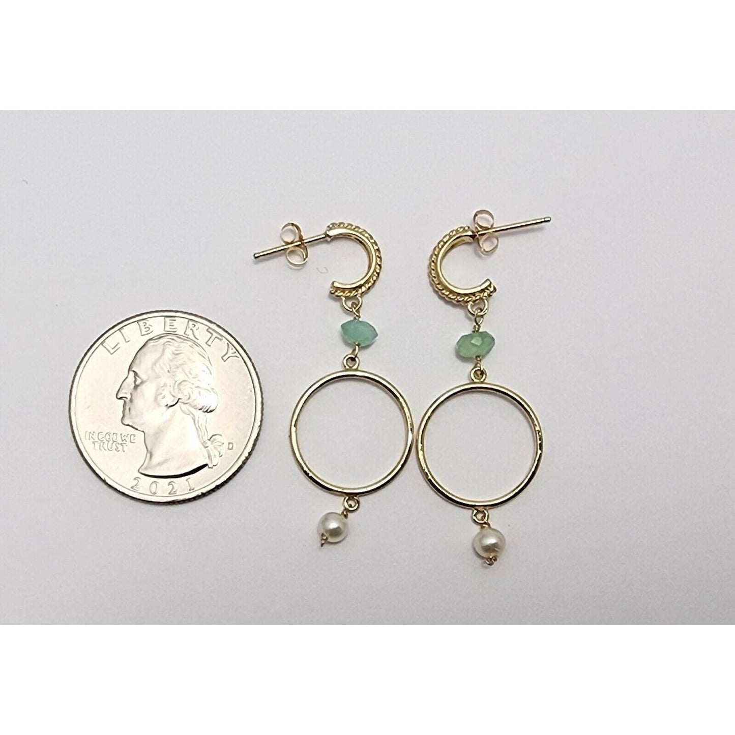 14K Yellow Gold Pearl & Green Crystal Dangle Drop Stud Earrings