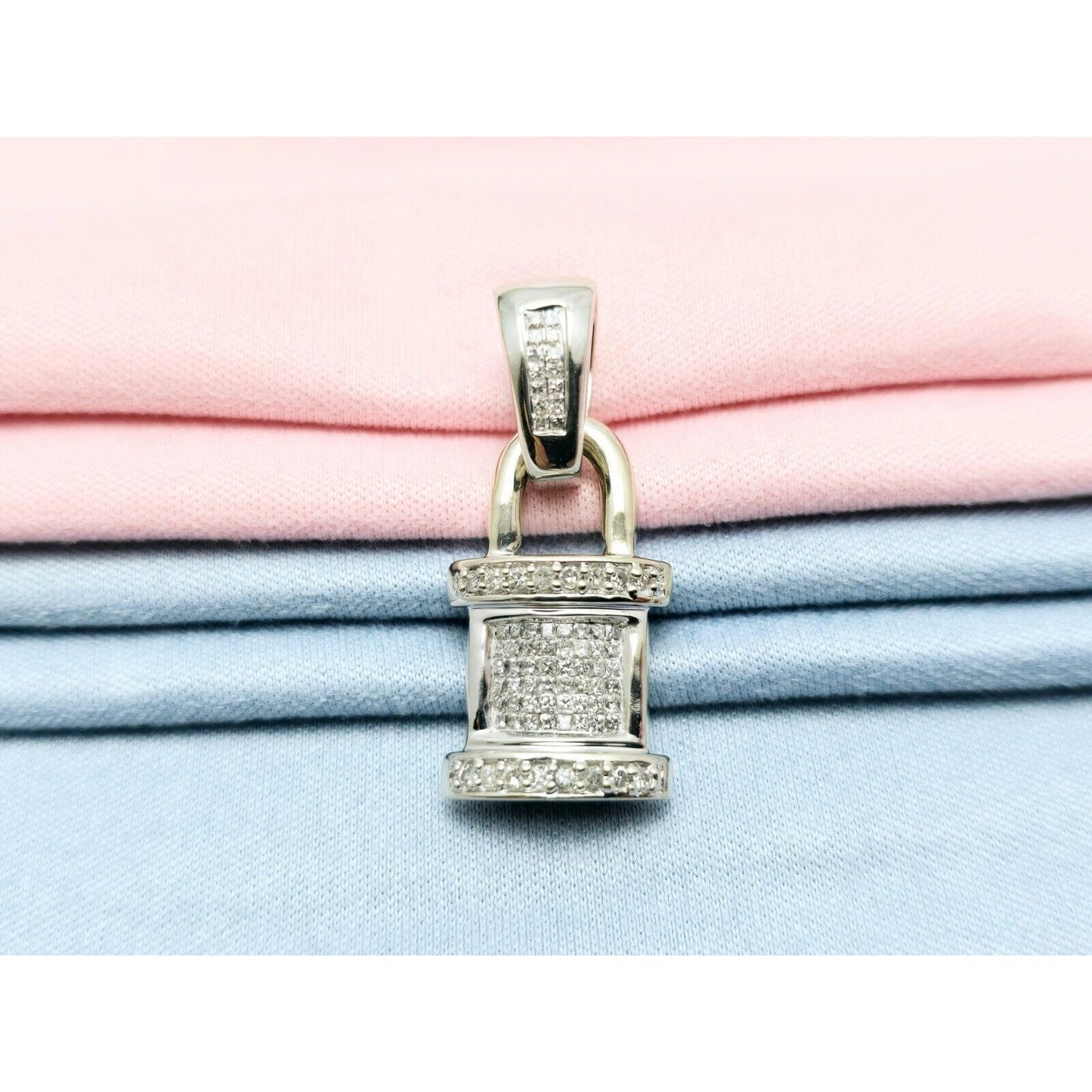 14K White Gold Diamond Dangle Drop Pad Lock Pendant Charm