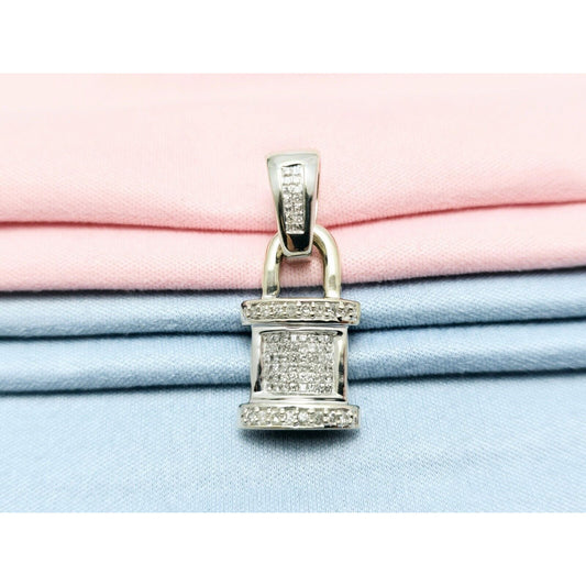 14K White Gold Diamond Dangle Drop Pad Lock Pendant Charm