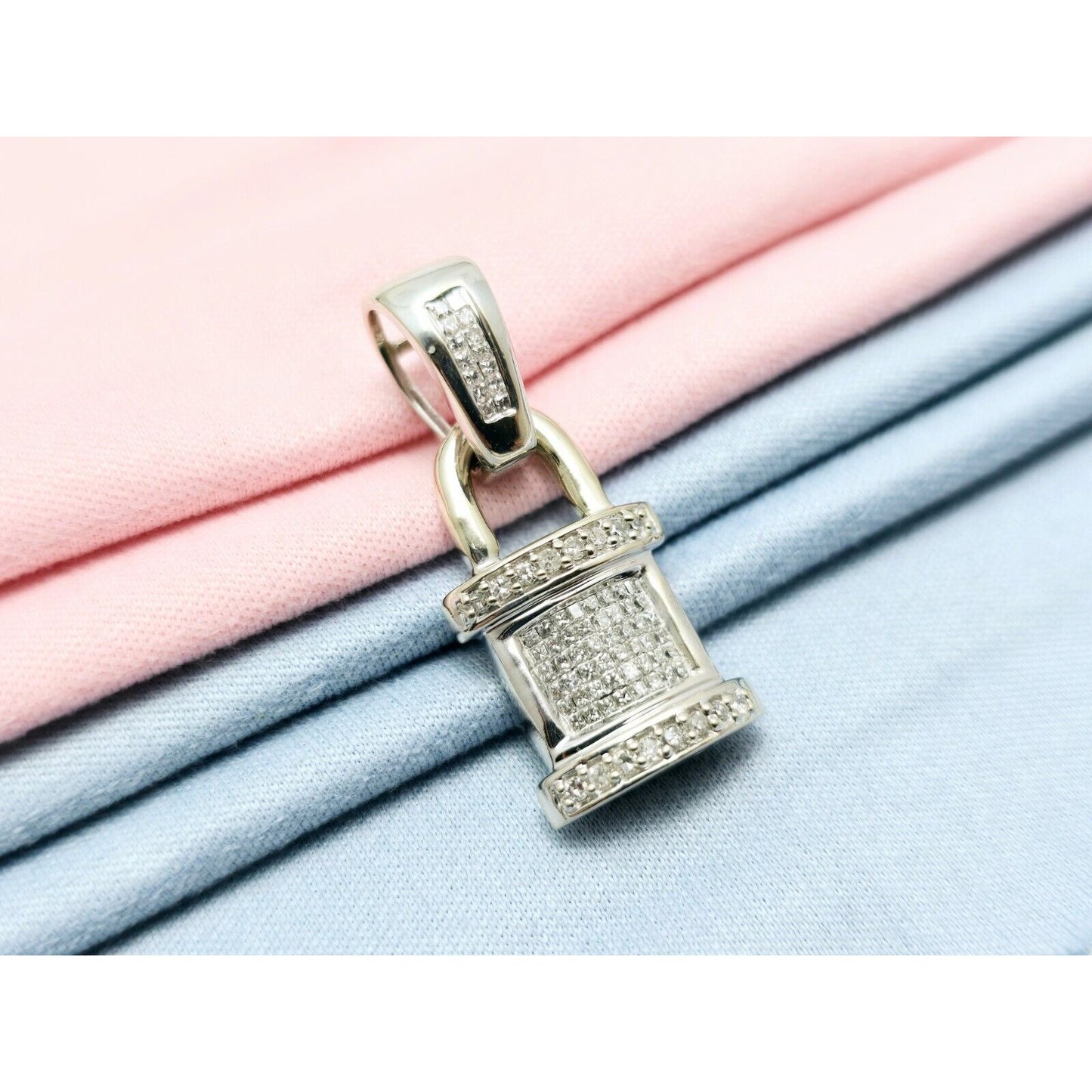 14K White Gold Diamond Dangle Drop Pad Lock Pendant Charm