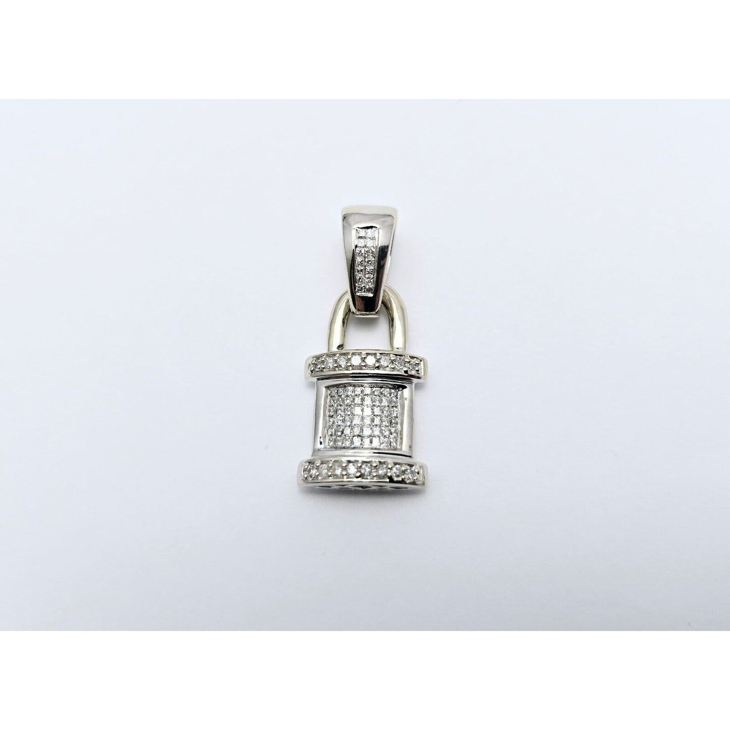 14K White Gold Diamond Dangle Drop Pad Lock Pendant Charm