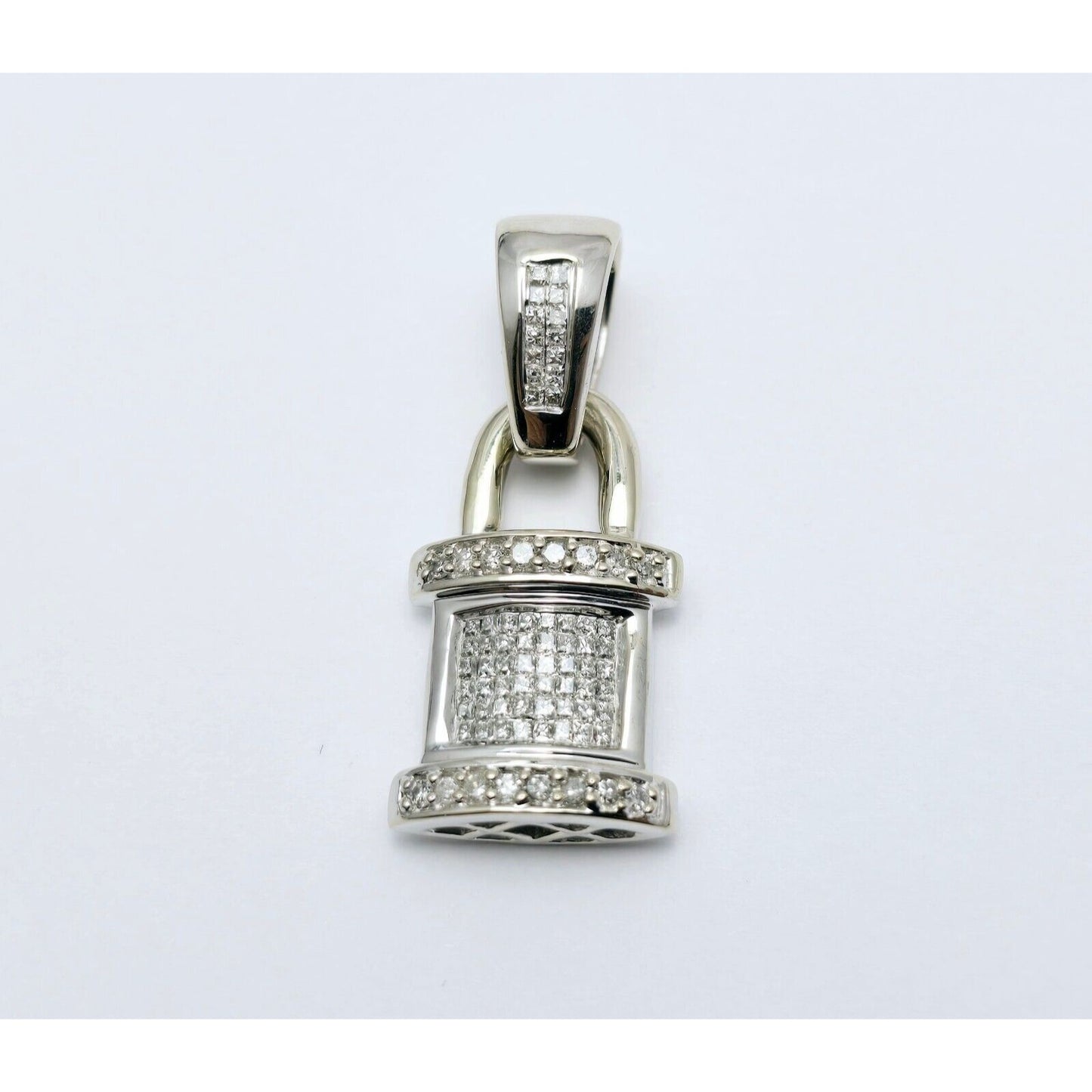 14K White Gold Diamond Dangle Drop Pad Lock Pendant Charm