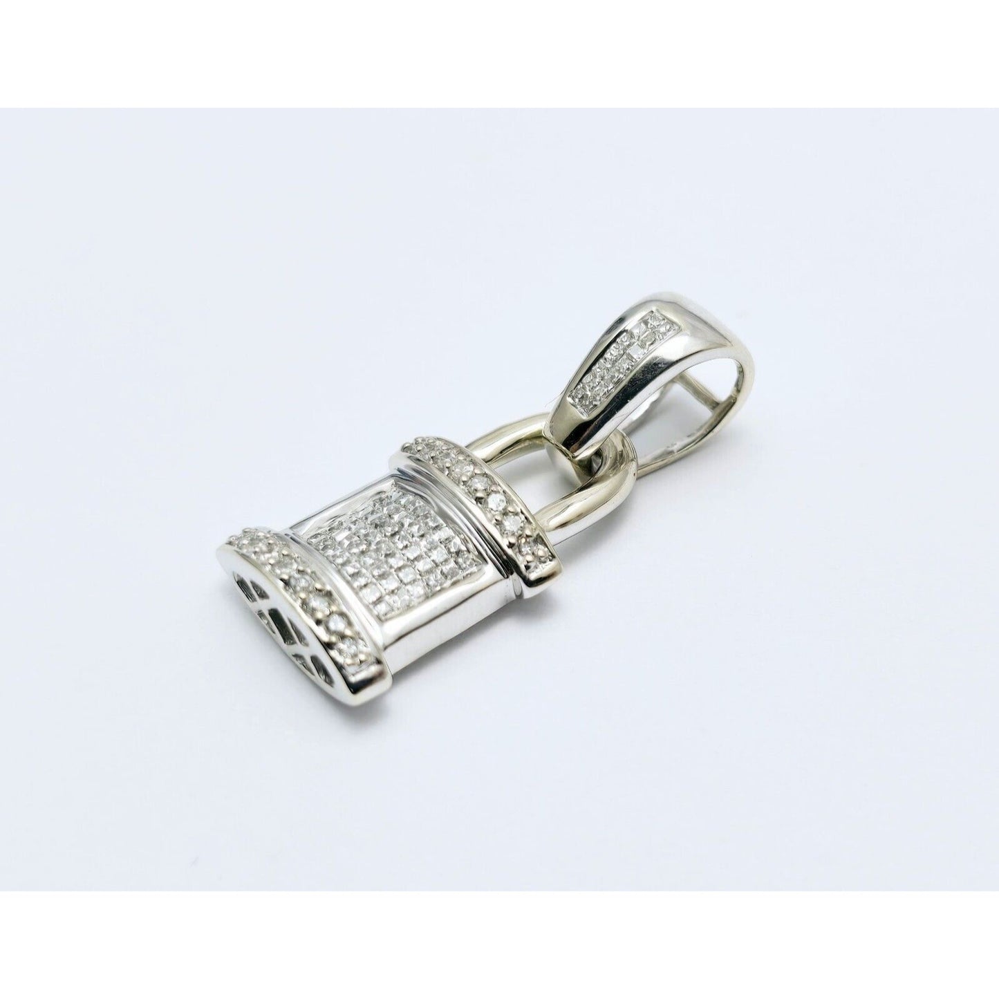 14K White Gold Diamond Dangle Drop Pad Lock Pendant Charm