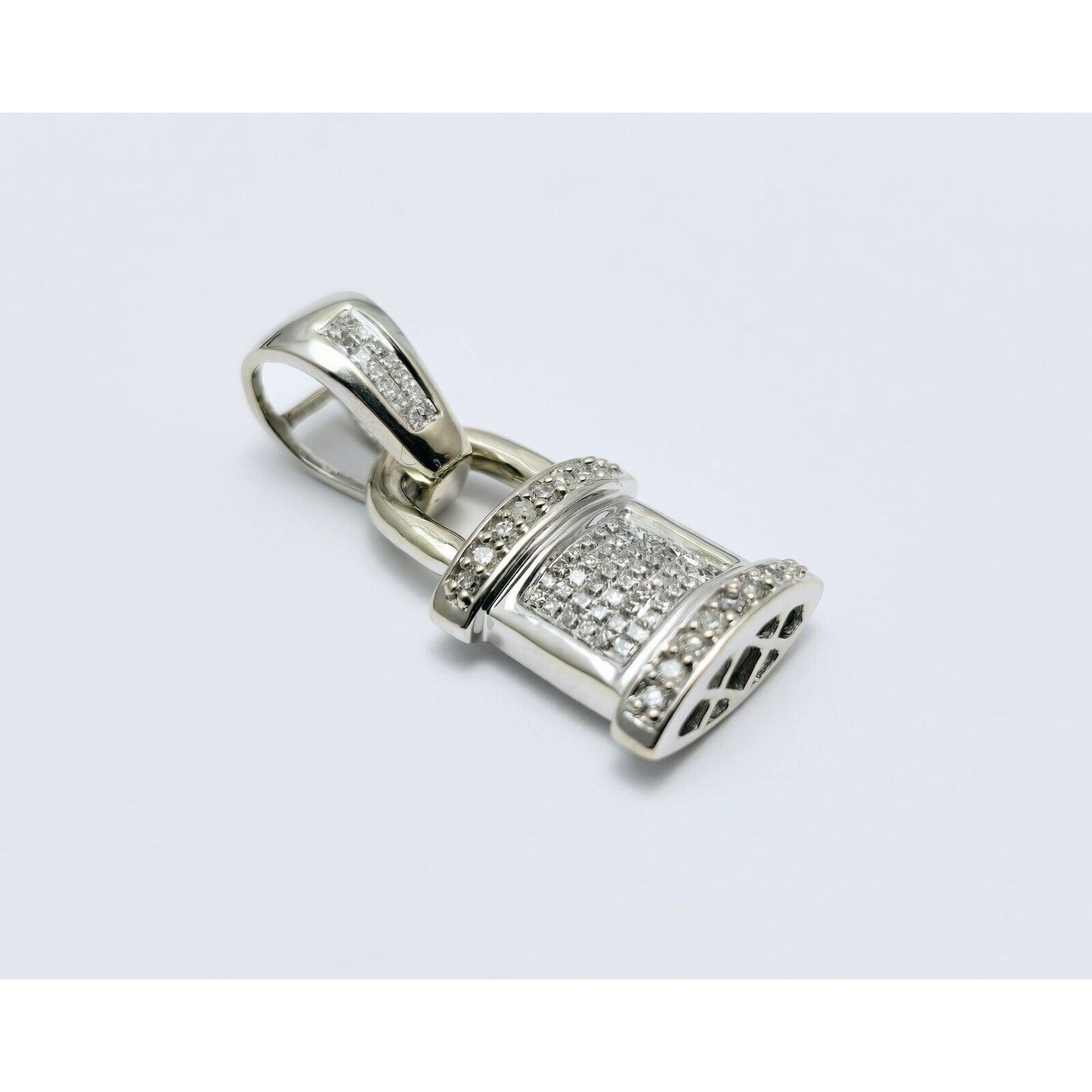 14K White Gold Diamond Dangle Drop Pad Lock Pendant Charm