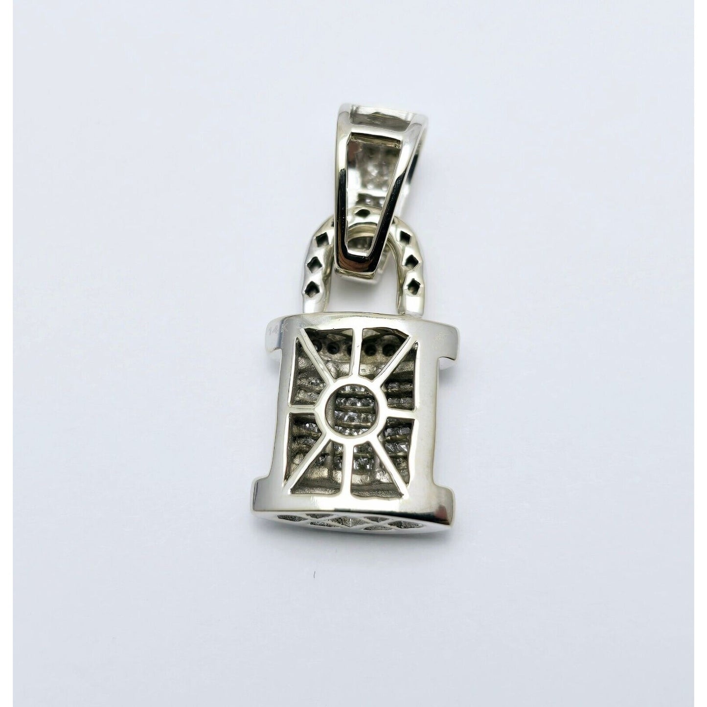 14K White Gold Diamond Dangle Drop Pad Lock Pendant Charm