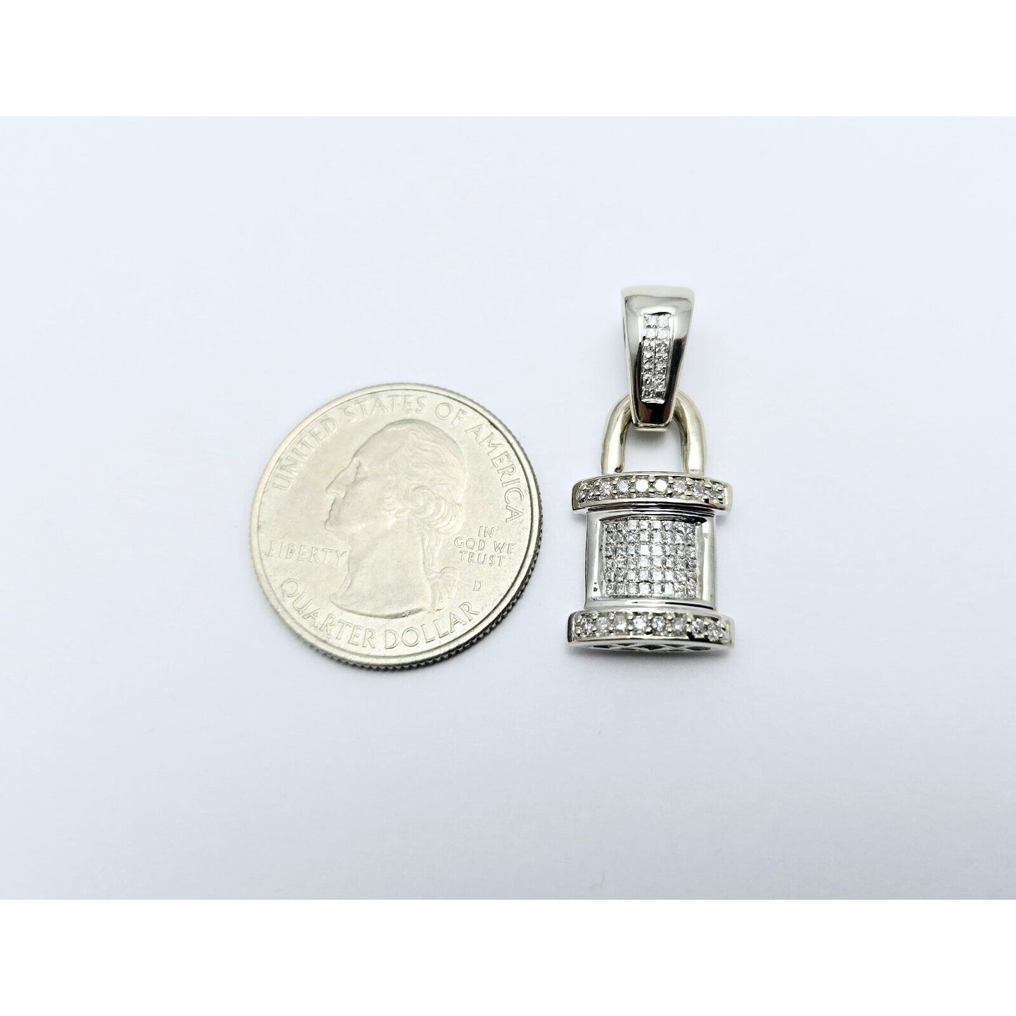 14K White Gold Diamond Dangle Drop Pad Lock Pendant Charm