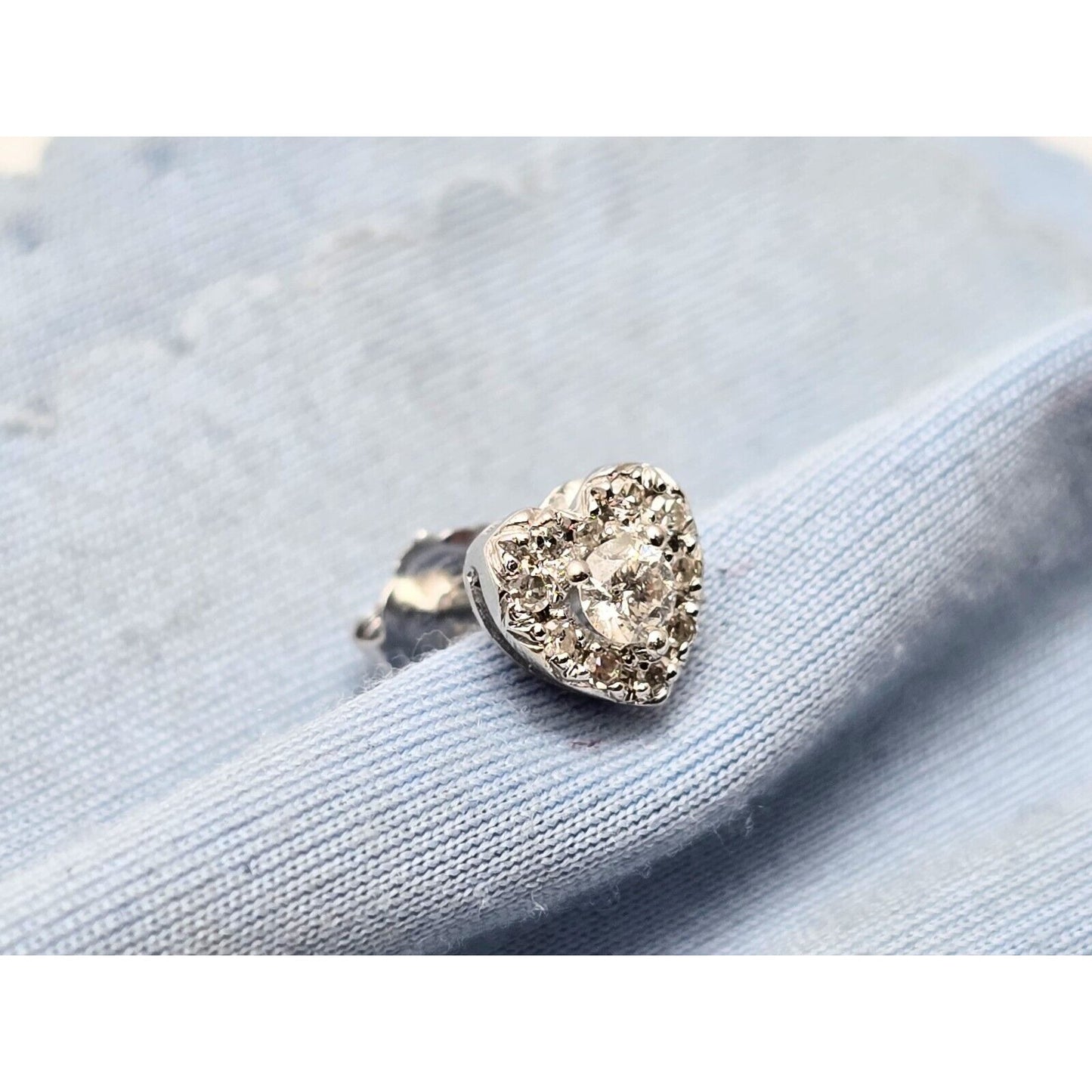 Single 10K White Gold Heart Shaped Round Cut Diamond Stud Earring