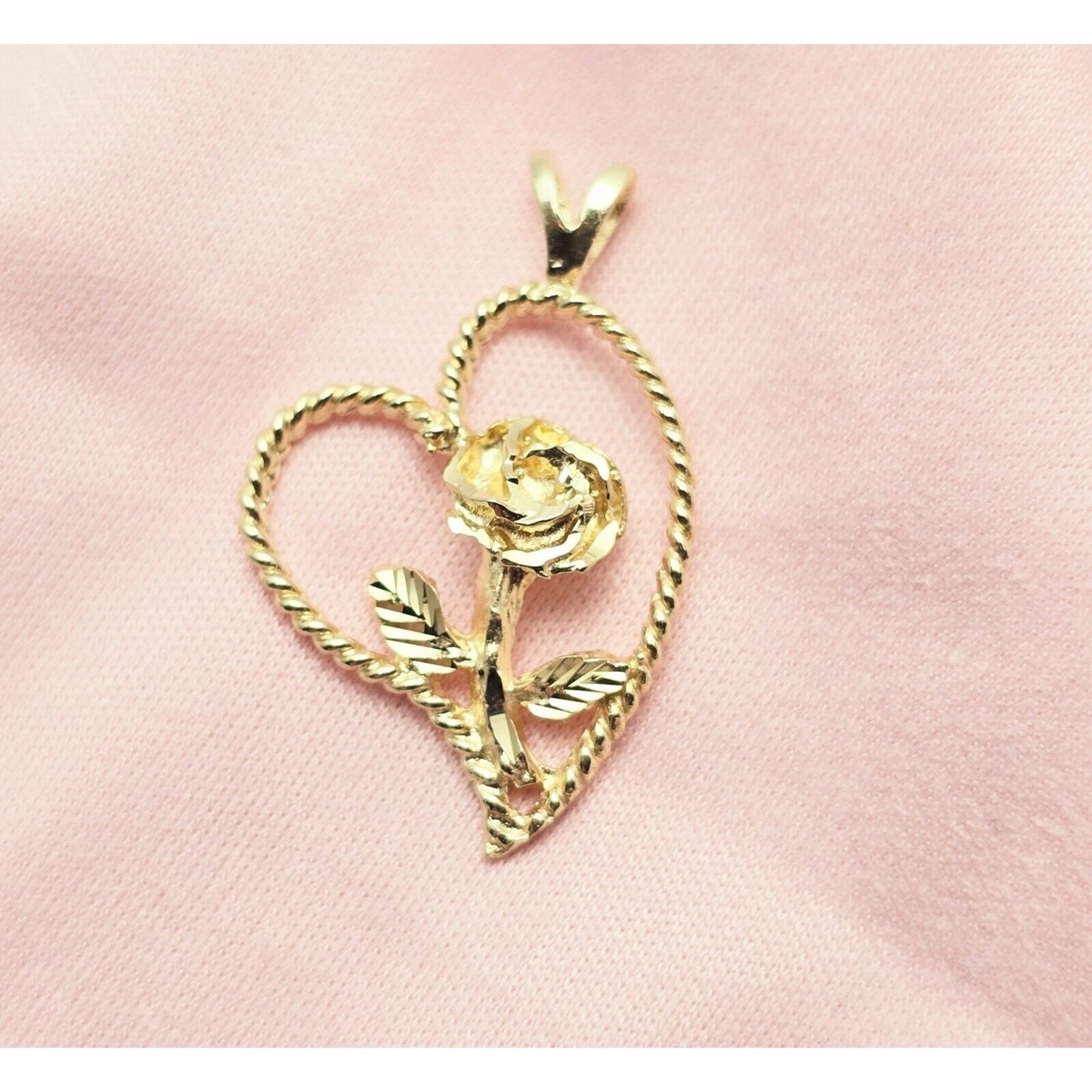 14K Yellow Gold Diamond Cut Flower Rose in Open Heart Charm Pendant