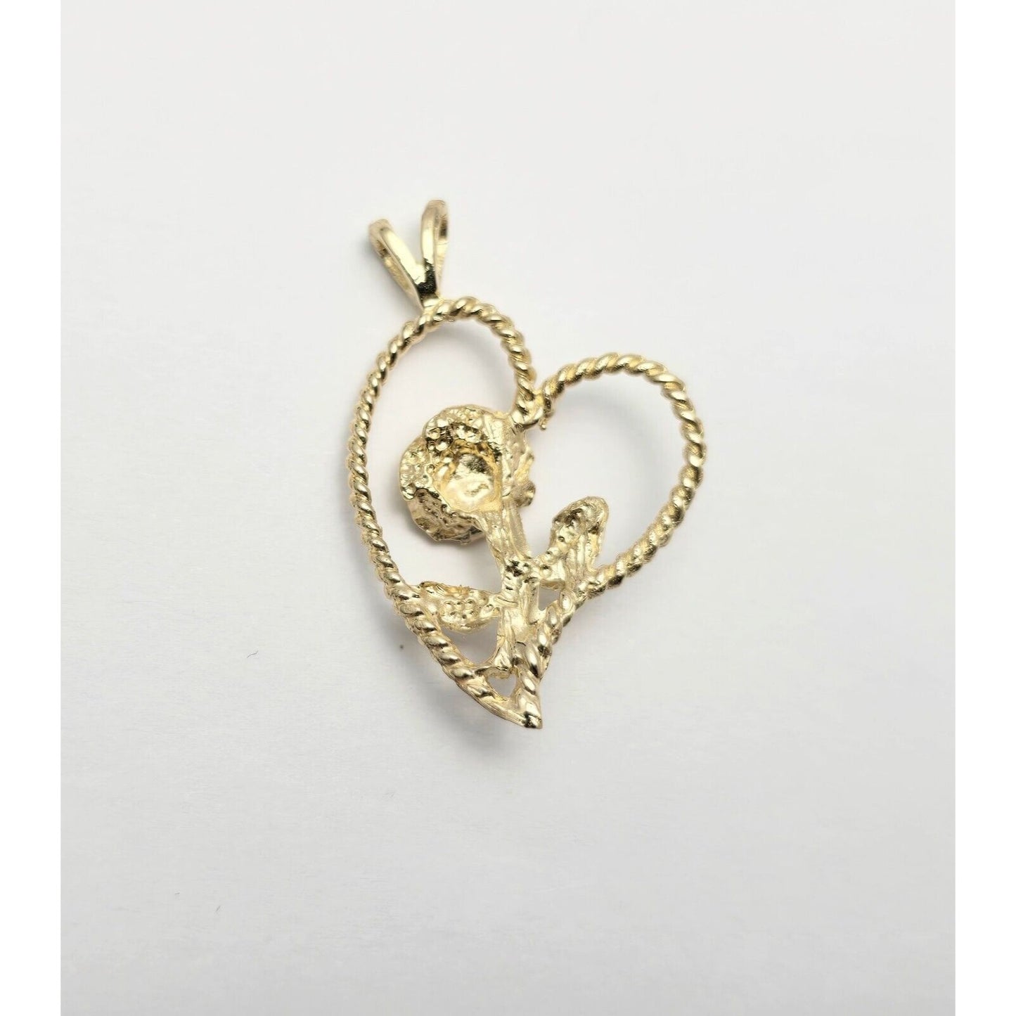 14K Yellow Gold Diamond Cut Flower Rose in Open Heart Charm Pendant