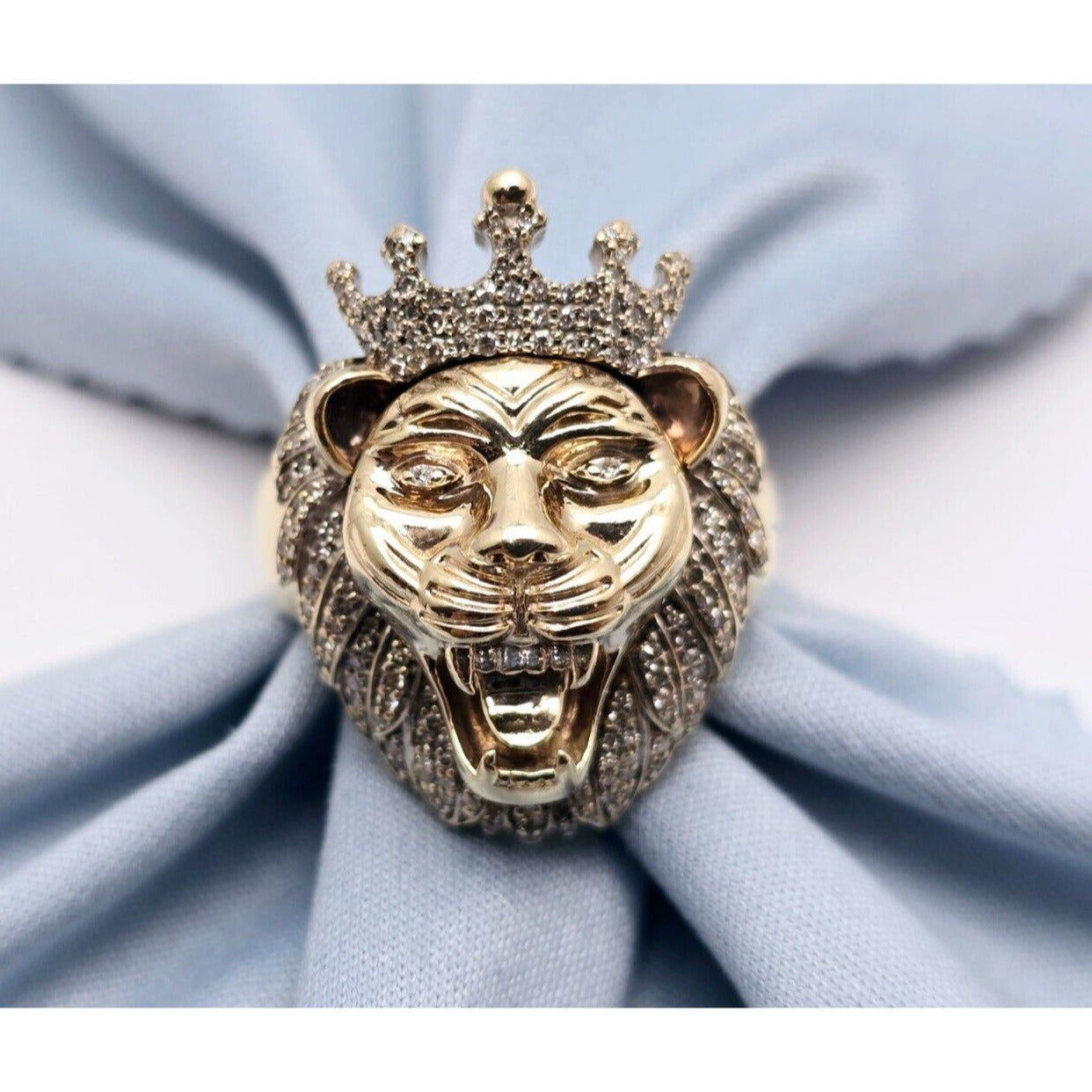 10K Yellow Gold Crown Lion Head Diamond Ring