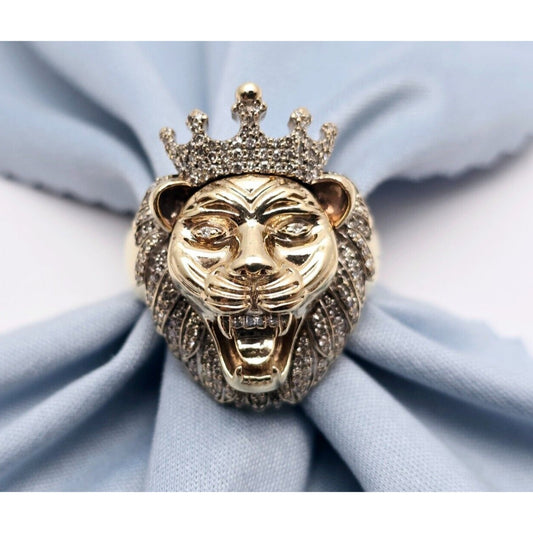 10K Yellow Gold Crown Lion Head Diamond Ring