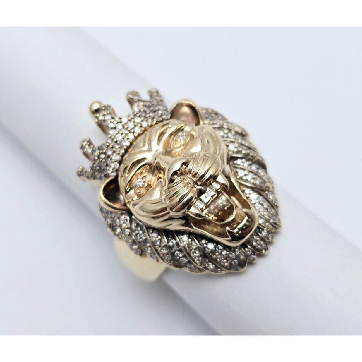 10K Yellow Gold Crown Lion Head Diamond Ring