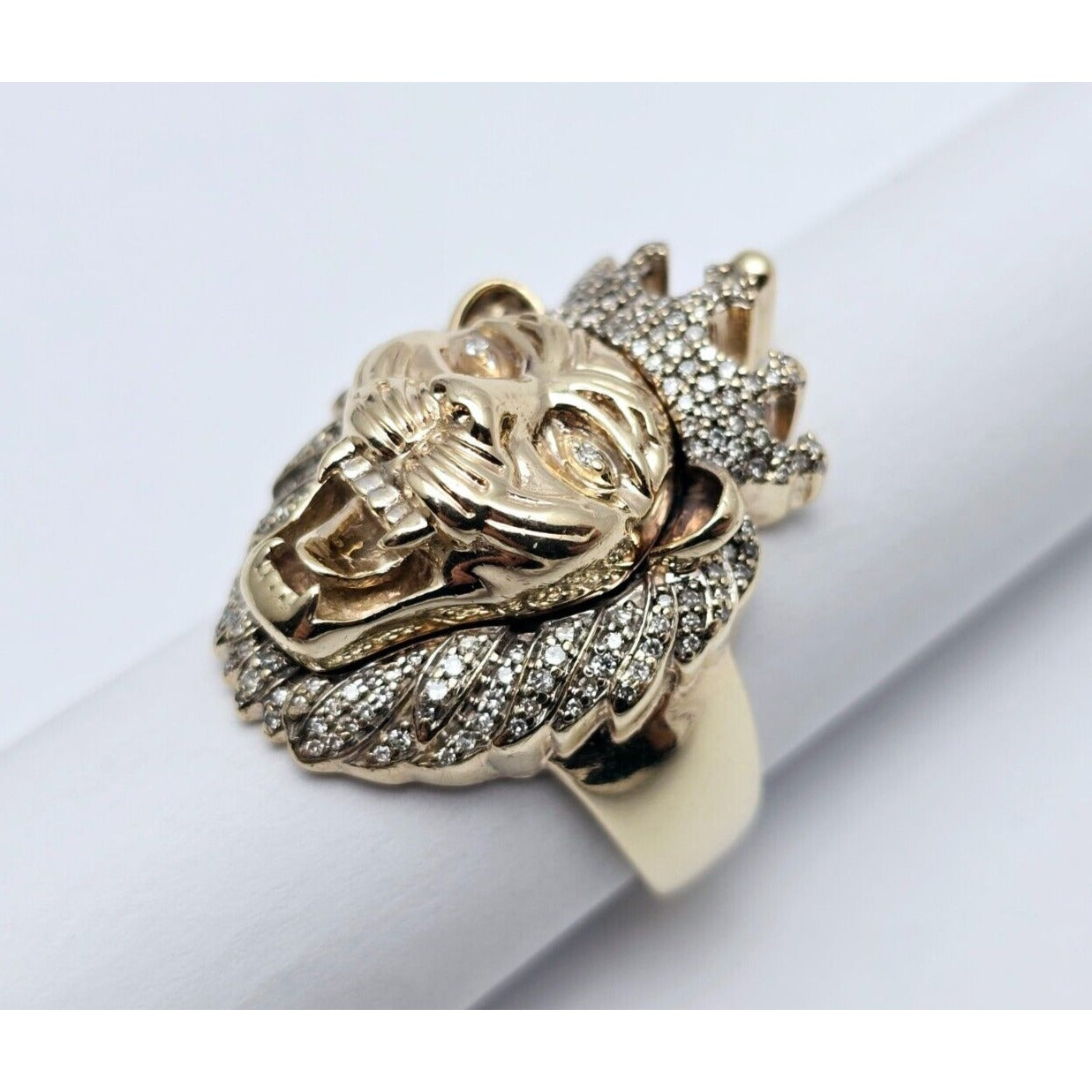 10K Yellow Gold Crown Lion Head Diamond Ring