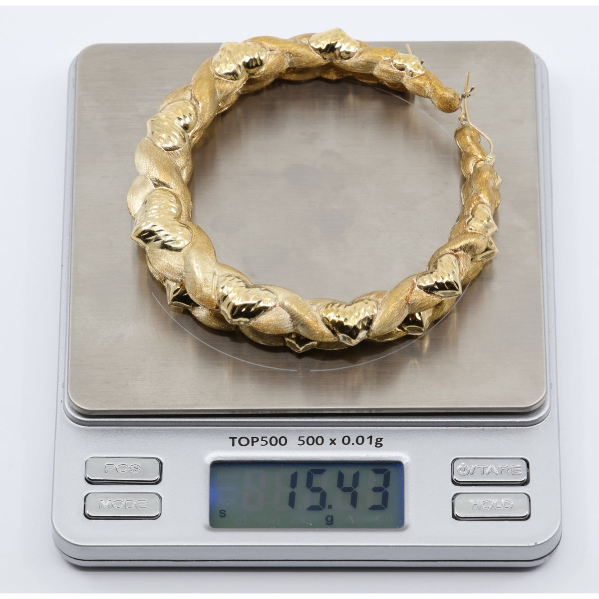 Large 10K Yellow Gold Braided Twist Diamond Cut Heart Hoop Earrings