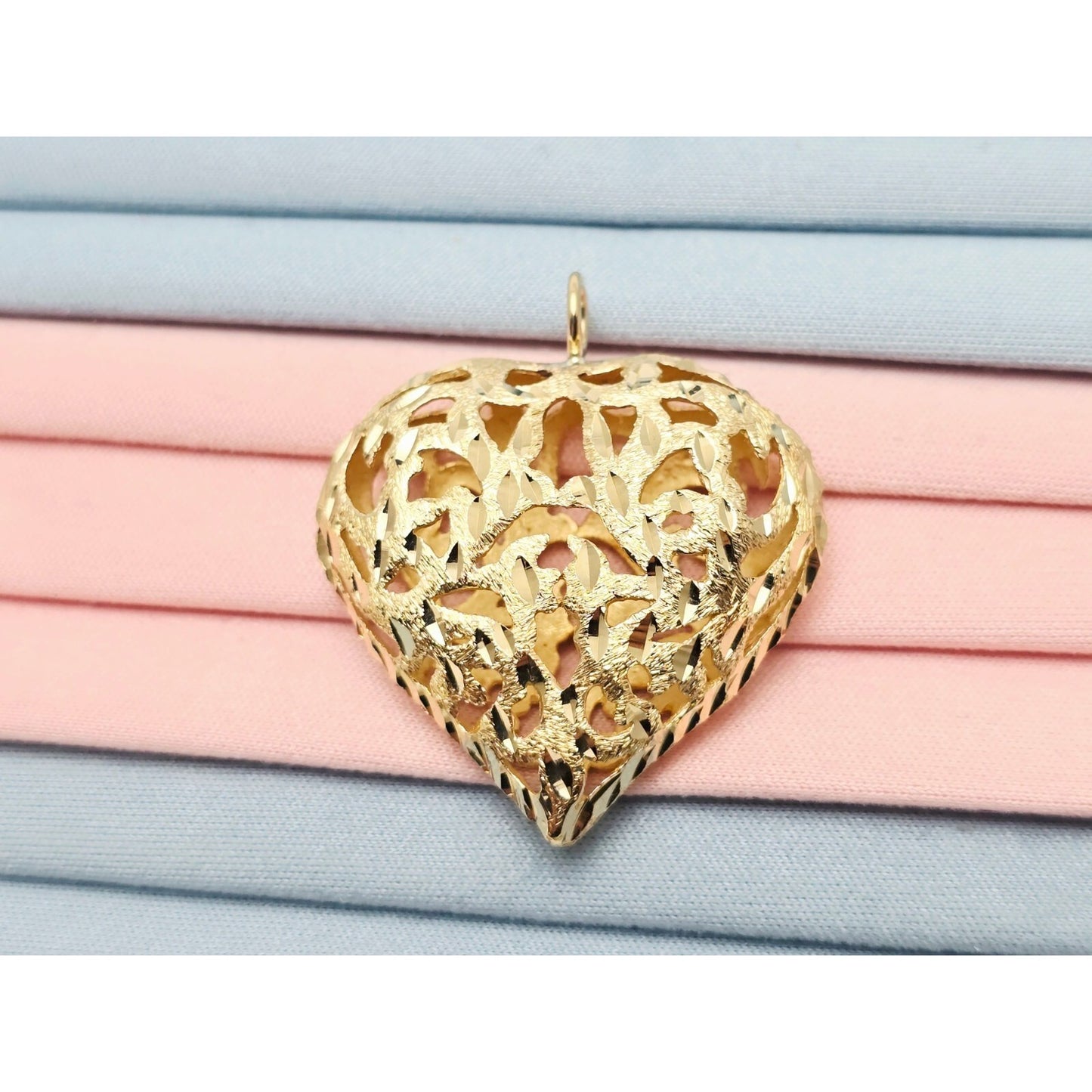 14K Yellow Gold Diamond Cut Puffy Heart Charm Pendant
