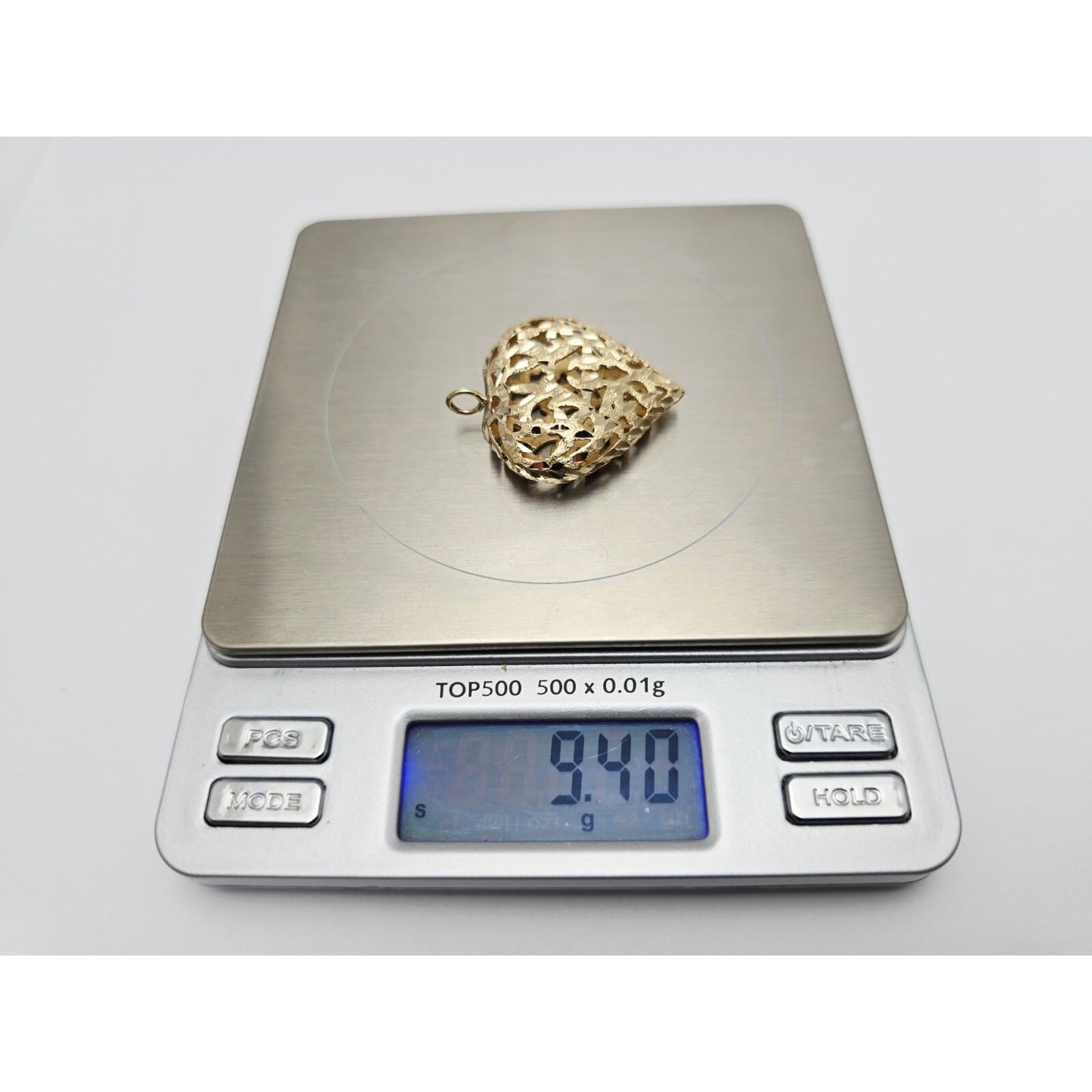 14K Yellow Gold Diamond Cut Puffy Heart Charm Pendant