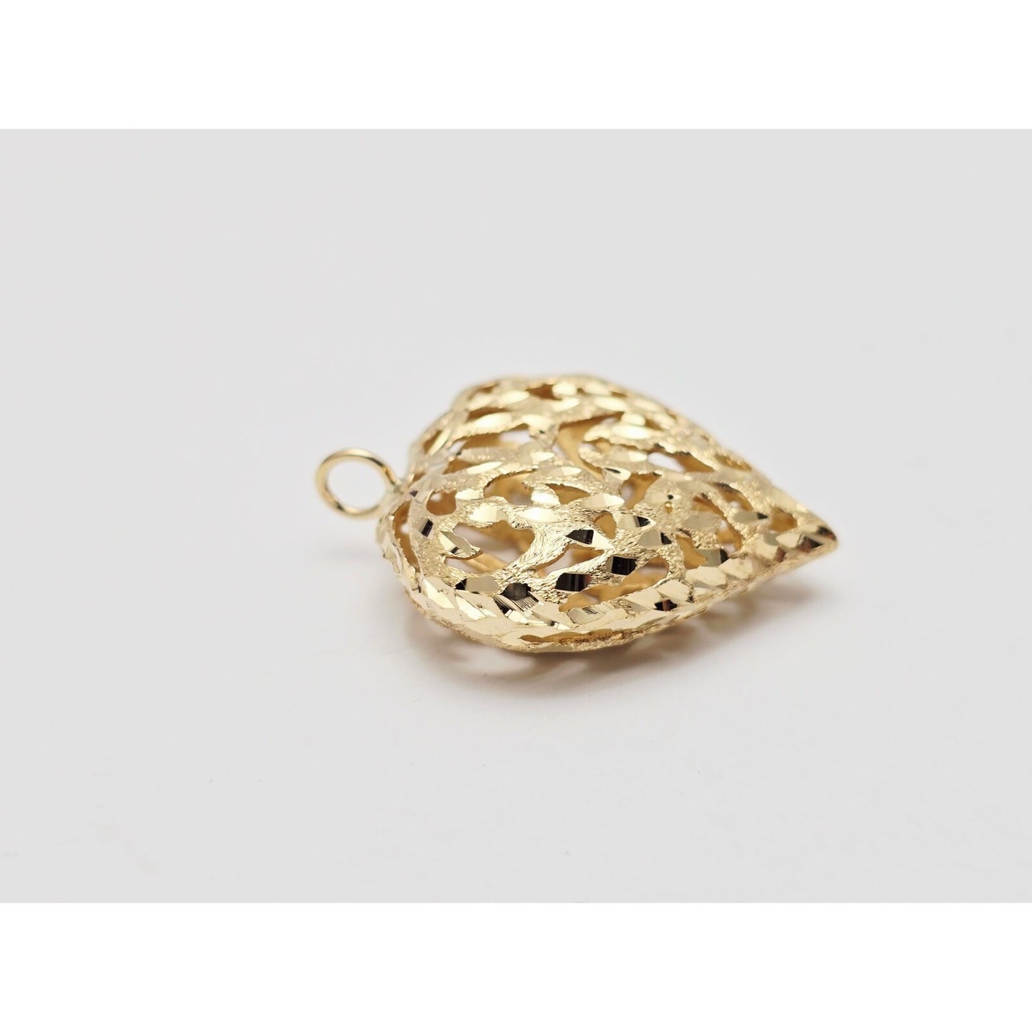 14K Yellow Gold Diamond Cut Puffy Heart Charm Pendant