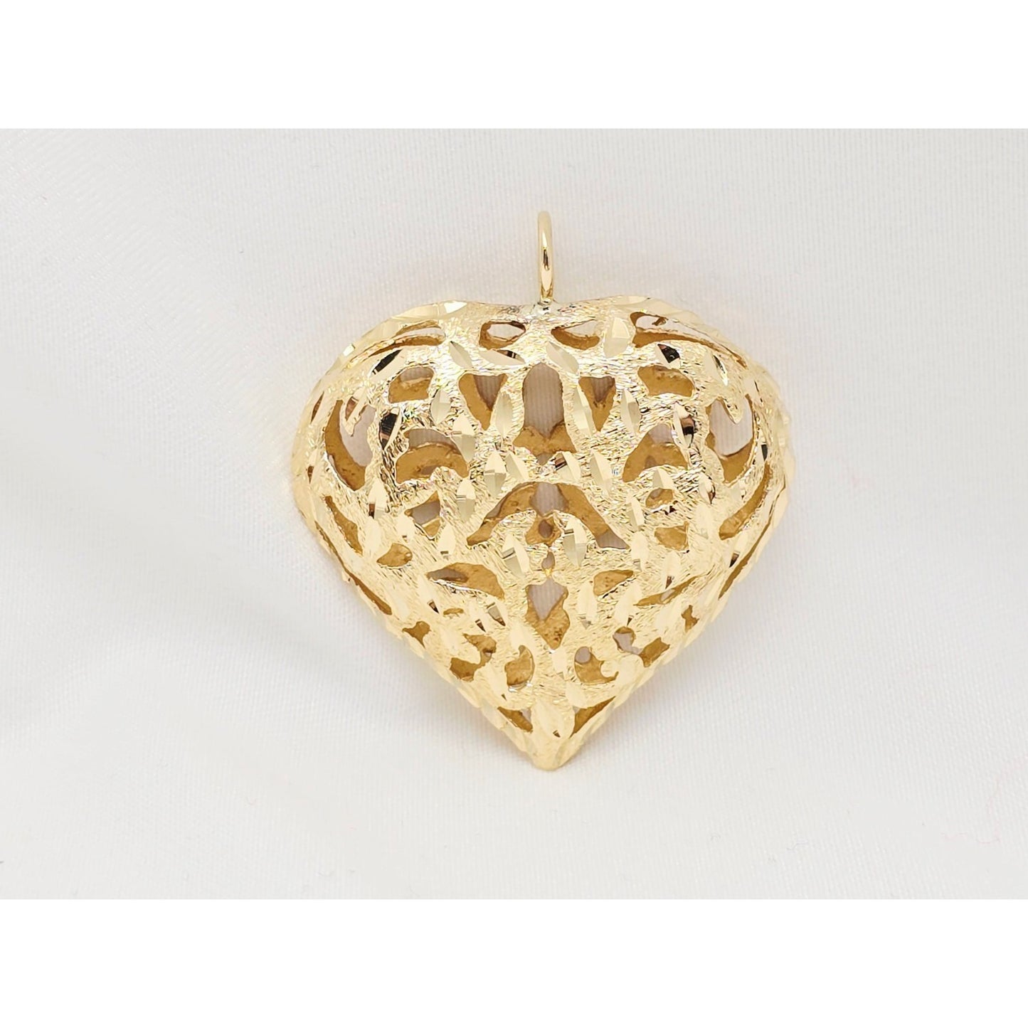 14K Yellow Gold Diamond Cut Puffy Heart Charm Pendant