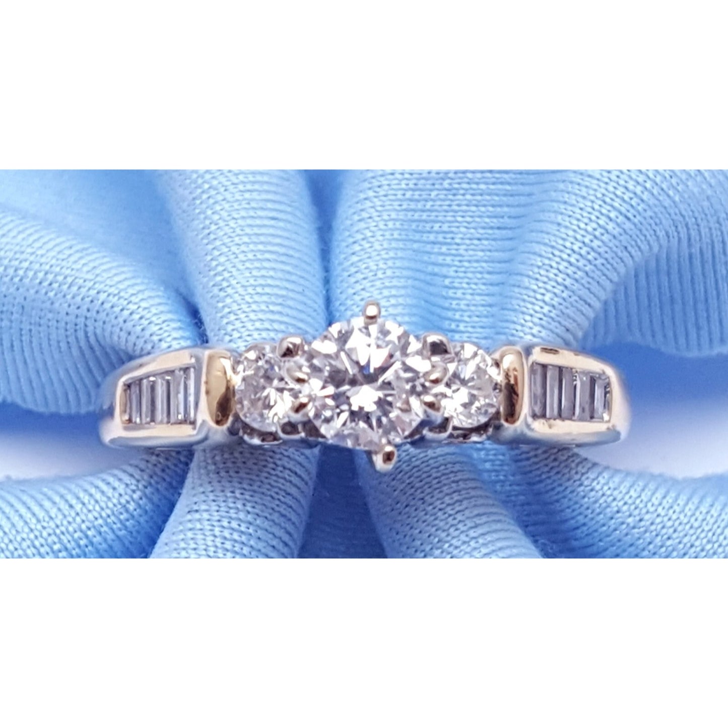 14K Two Tone Multi Color Gold Designer Round & Baguette Diamond Engagement Ring