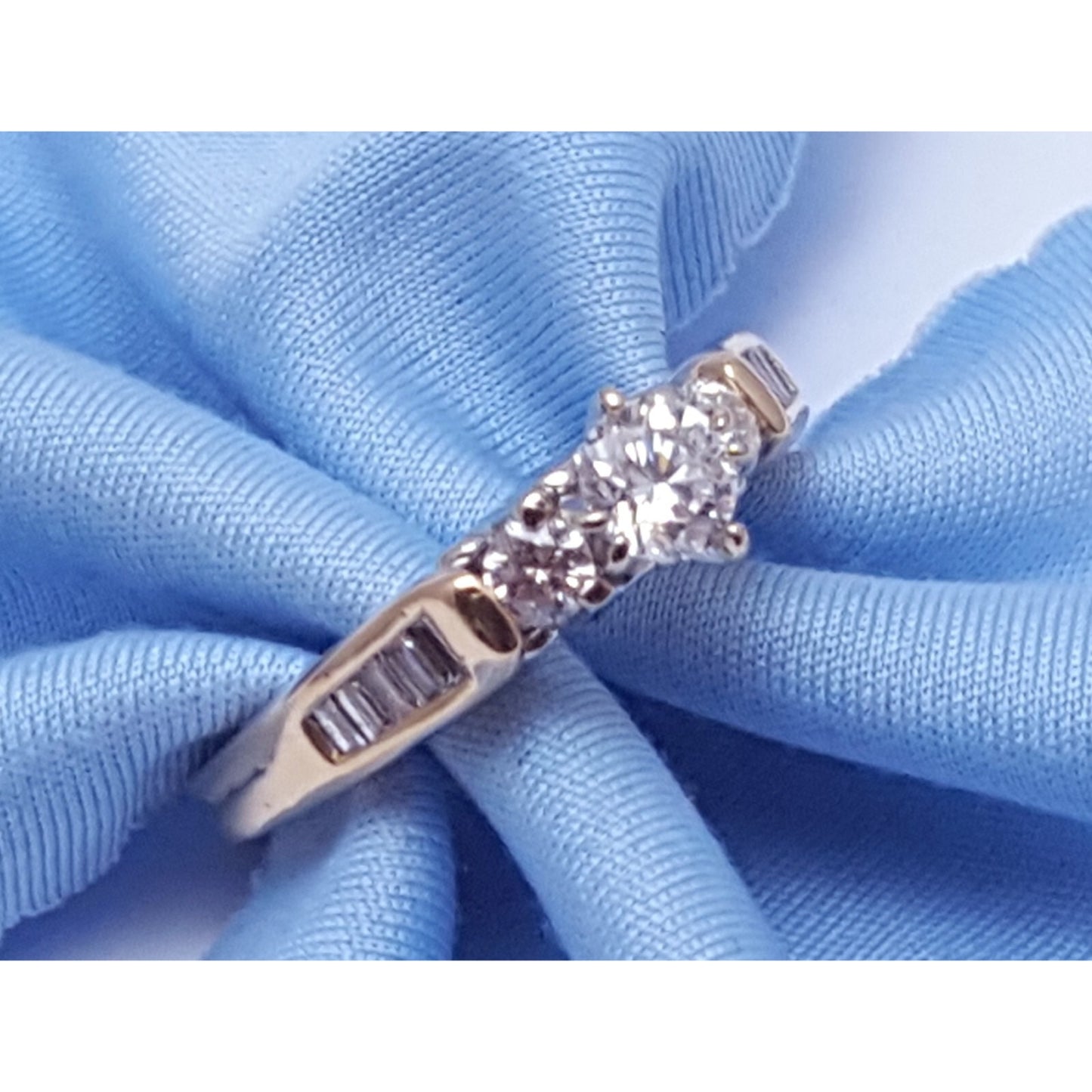 14K Two Tone Multi Color Gold Designer Round & Baguette Diamond Engagement Ring