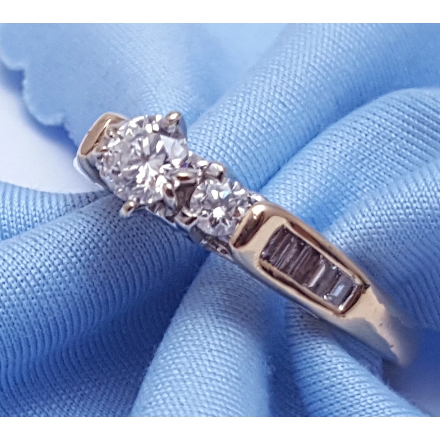 14K Two Tone Multi Color Gold Designer Round & Baguette Diamond Engagement Ring