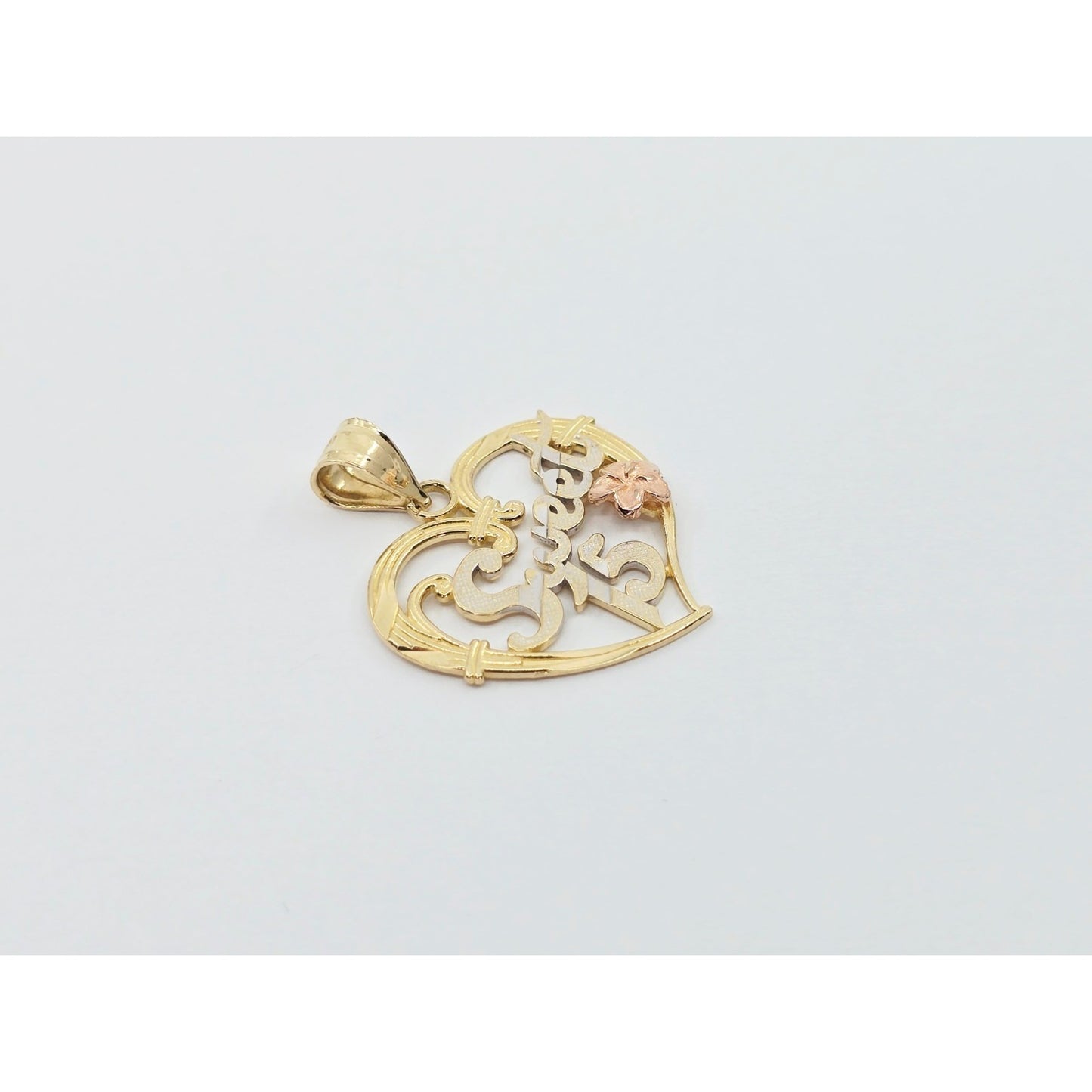 14K Tri Color Gold Sweet 15 Quinceanera Heart Charm Pendant