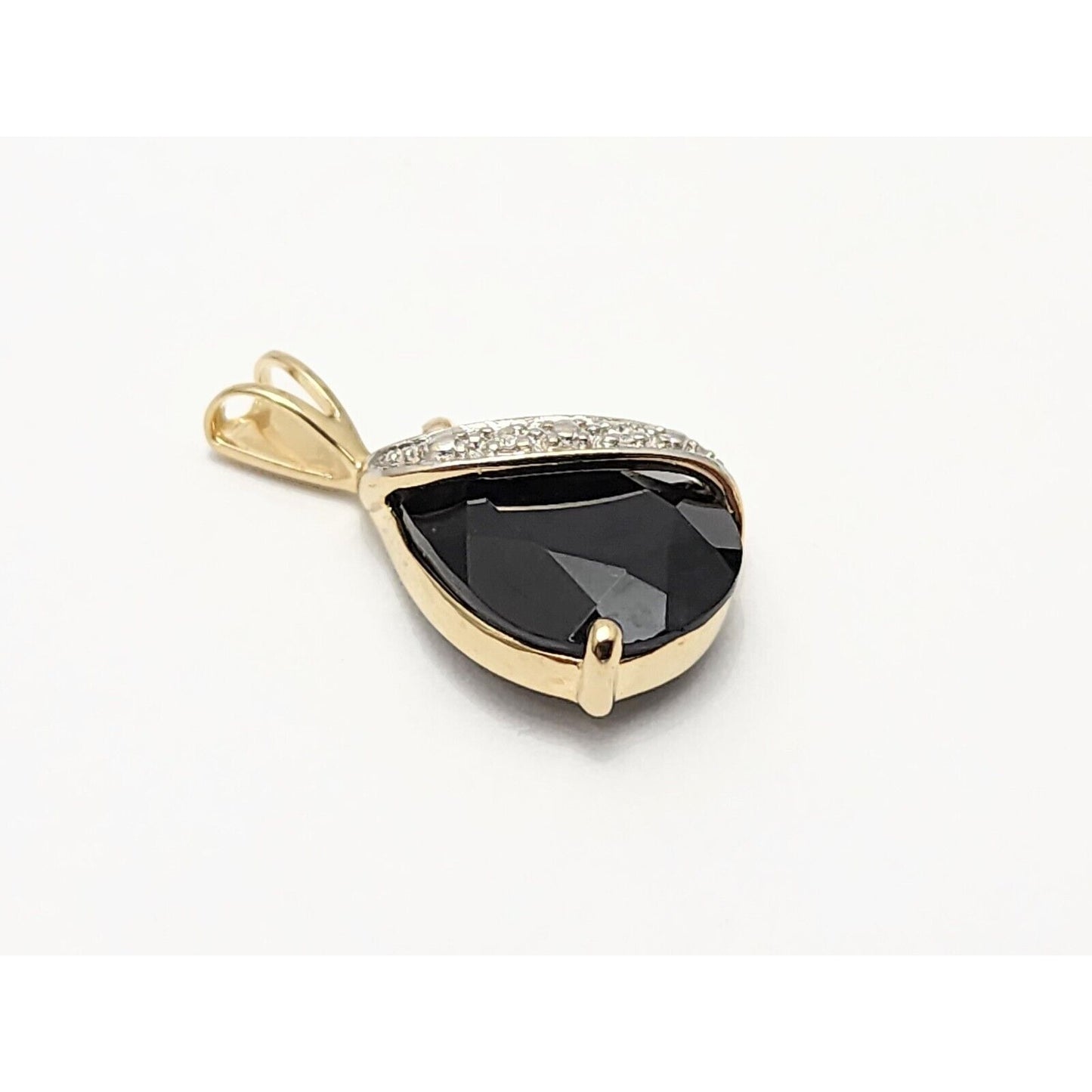 14K Two Tone Gold Teardrop Black Onyx & Diamond Charm Pendant